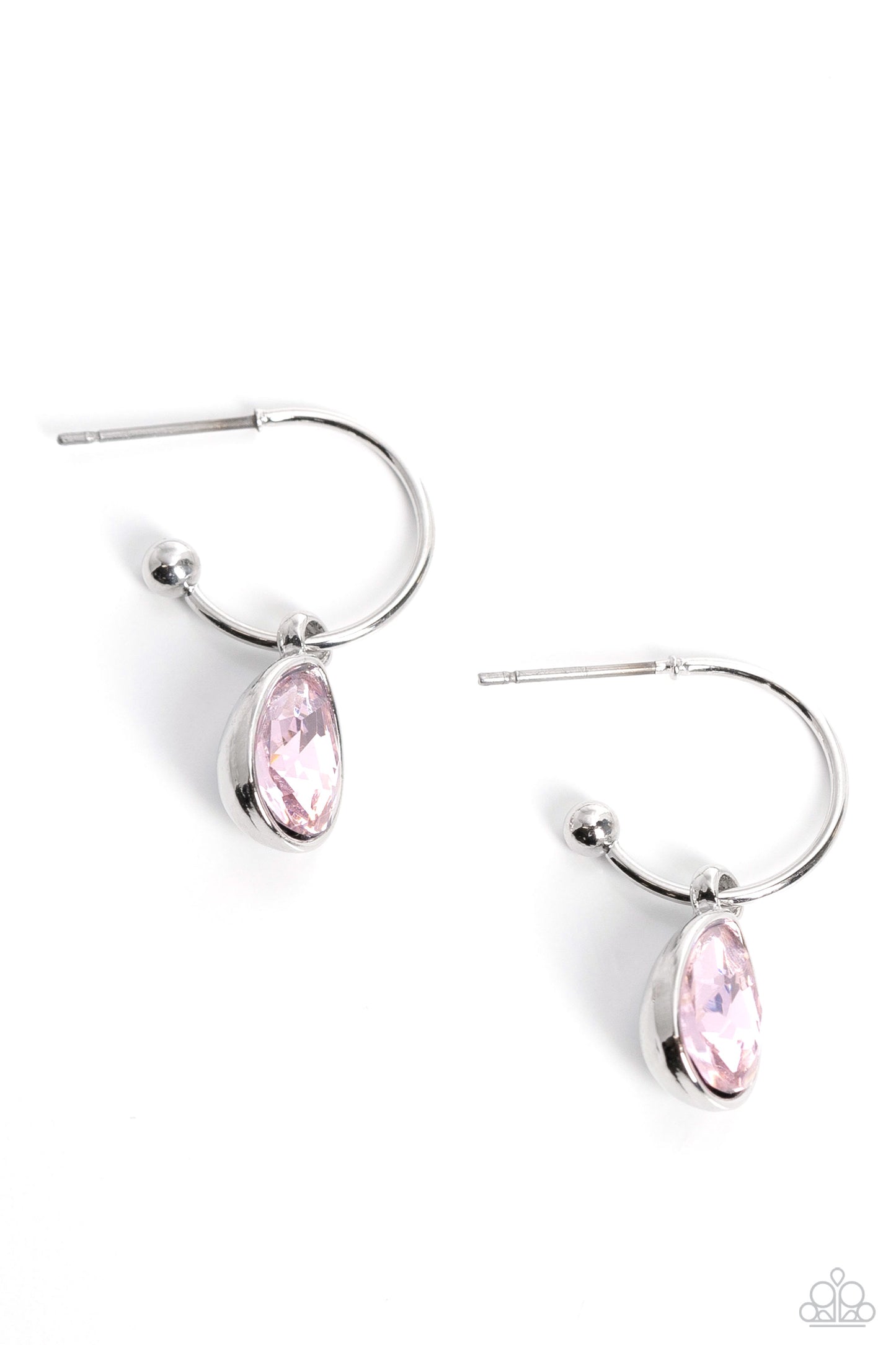 Teardrop Tassel Pink Hoop Earring - Paparazzi Accessories  A small, skinny, shiny silver hoop curves around the ear in a timeless fashion. A shiny silver ball is affixed to the end of the hoop, reminiscent of a barbell fitting. A baby pink, teardrop gem, encased in a shiny silver frame slides along the curvature of the hoop, adding a surprising hint of shimmery movement. Earring attaches to a standard post fitting. Hoop measures approximately 1/2" in diameter. P5HO-PKXX-050XX