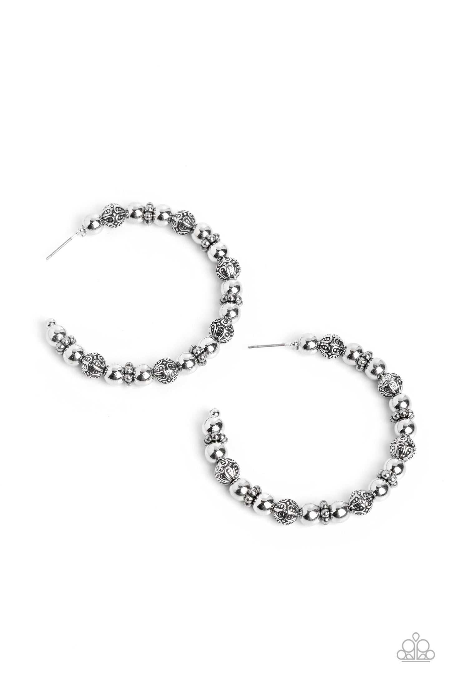 Rebuilt Ruins Silver Hoop Earring - Paparazzi Accessories  A collection of antiqued and decorative silver beads, silver wheel beads, and high-sheen silver beads are threaded along a thin curve around the ear for a trendy monochromatic look. Earring attaches to a standard post fitting. Hoop measures approximately 2" in diameter.  Sold as one pair of hoop earrings.  P5HO-SVXX-364XX