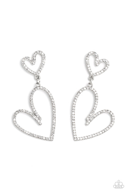Doting Duo White Heart Earring - Paparazzi Accessories  An oversized, rhinestone-encrusted shiny silver heart silhouette hangs from a smaller heart silhouette set in the same blinding shimmer for a romantic, eye-catching sparkle. Earring attaches to a standard post fitting.  Sold as one pair of post earrings.  P5PO-WTXX-368XX