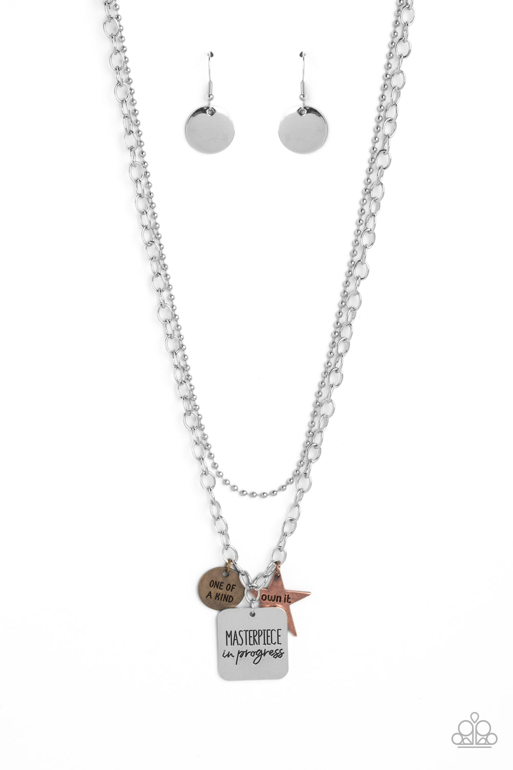 Masterpiece in Progress Multi Necklace - Paparazzi Accessories  Featuring three inspirational pendants, a copper star, brass circle, and silver square fall along a silver chain. The star features the phrase "own it," the circle features the phrase "one of a kind," and the square pendant features the phrase "masterpiece in progress." Hanging just above the inspiring collection, a silver ball chain creates an additional layer to the design. Includes one pair of matching earrings.