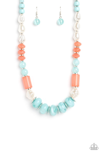 A SHEEN Slate Blue Necklace - Paparazzi Accessories  Silver accents and discs combine with a collection of solid, cloudy, and crackle beads in varying sizes and colors, to create a modern design threaded along a classic silver chain. The shades of Waterspout and coral create a vibrant and refreshing palette, with pearly white accents interspersed for a hint of refinement. Features an adjustable clasp closure.  Sold as one individual necklace. Includes one pair of matching earrings.  P2ST-BLXX-212XX