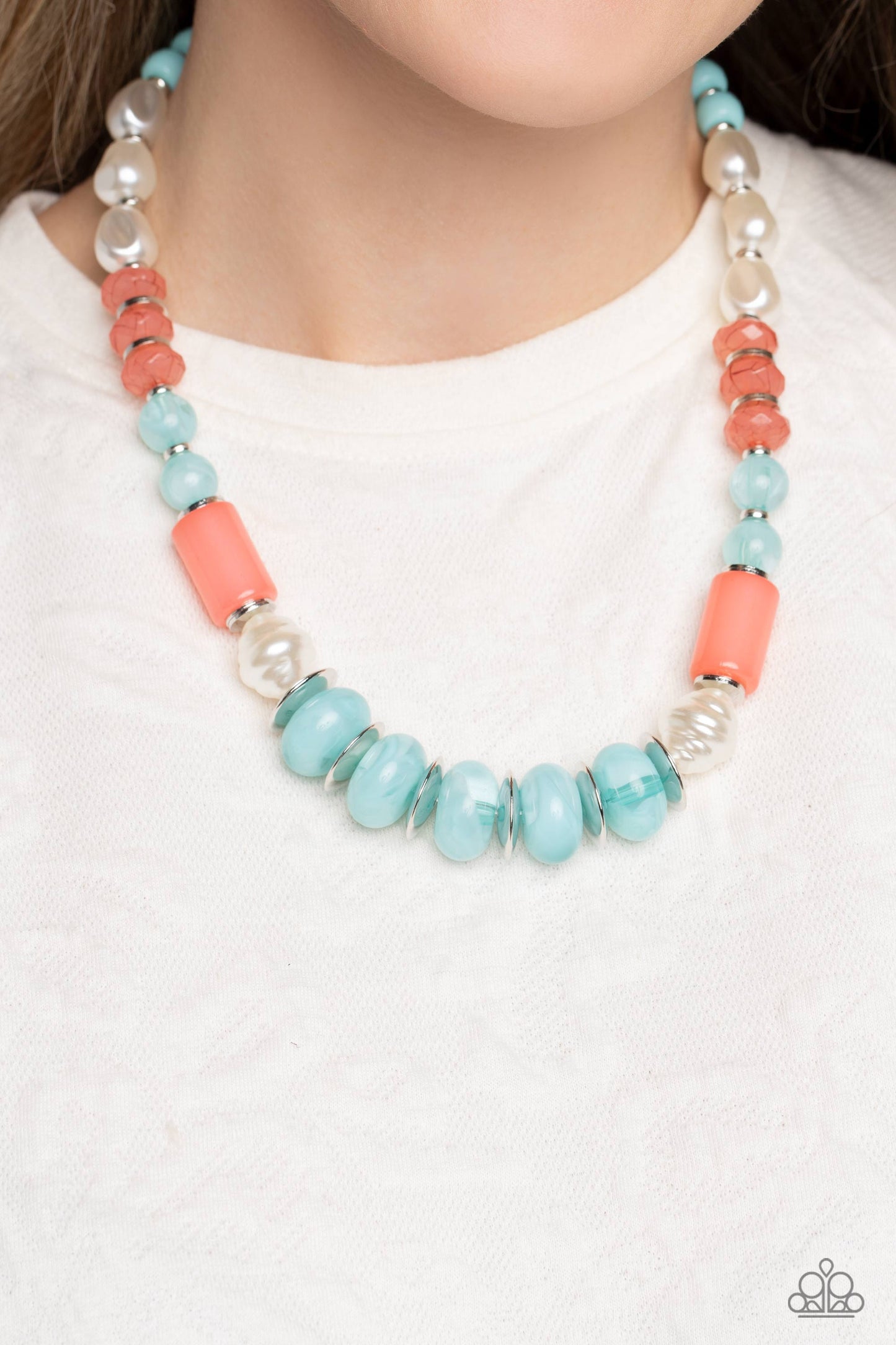 A SHEEN Slate Blue Necklace - Paparazzi Accessories  Silver accents and discs combine with a collection of solid, cloudy, and crackle beads in varying sizes and colors, to create a modern design threaded along a classic silver chain. The shades of Waterspout and coral create a vibrant and refreshing palette, with pearly white accents interspersed for a hint of refinement. Features an adjustable clasp closure.  Sold as one individual necklace. Includes one pair of matching earrings.  P2ST-BLXX-212XX