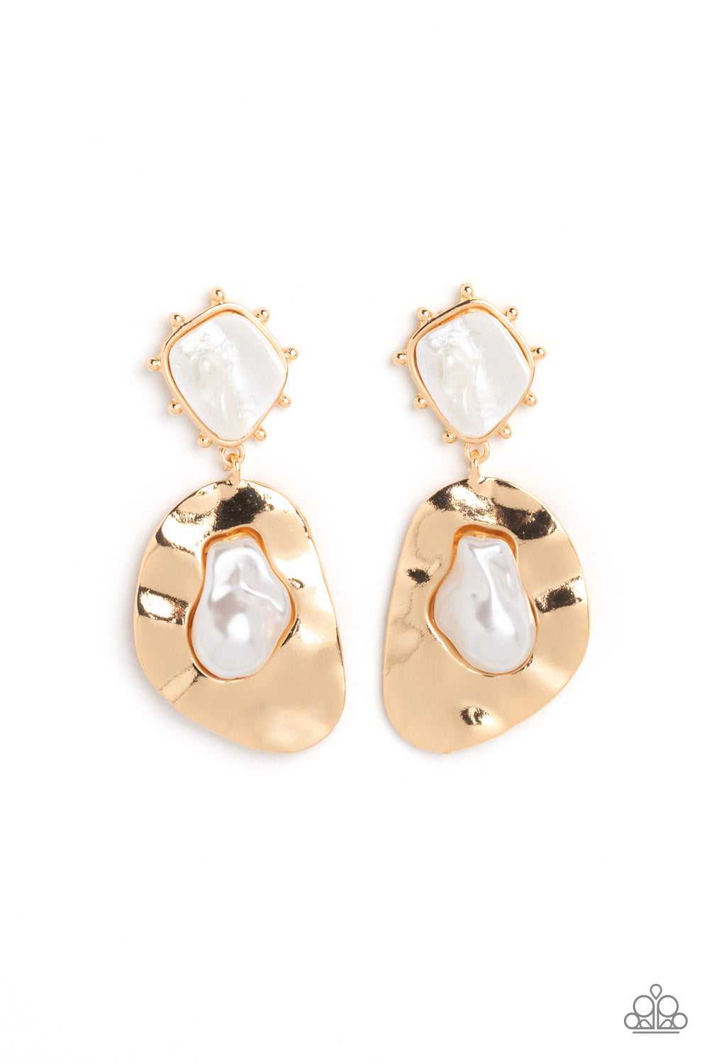 Rippling Rhapsody Gold Post Earring - Paparazzi Accessories   An oversized hammered, asymmetrical gold disc dangles from a more dainty, asymmetrical gold frame, accented with raised gold studs around its edges. Pressed in the center of the studded display, an abstract, white shell with a pearlized finish shines while a baroque pearl gleams for a refined finish inside the oversized display. Earring attaches to a standard post fitting.  Sold as one pair of post earrings.