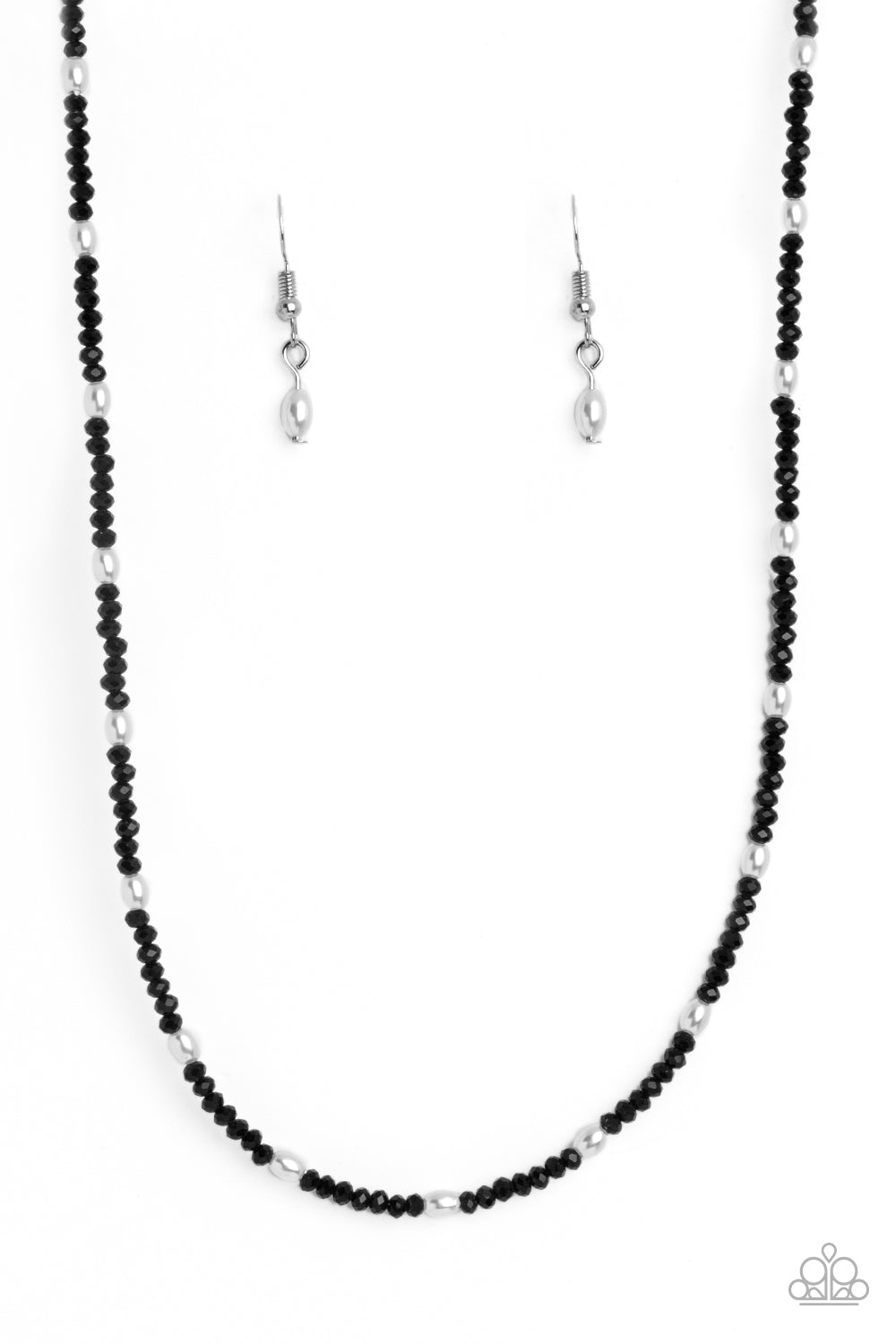 Beaded Blitz Black Seed Bead Necklace - Paparazzi Accessories  A dainty row of faceted black crystal-like seed beads delicately links around the neck, resulting in a radiant glimmer. Dainty white, oval pearls infused along the neckline create additional refinement and charm to the design. Features an adjustable clasp closure.  Sold as one individual necklace. Includes one pair of matching earrings.  P2DA-BKXX-179XX
