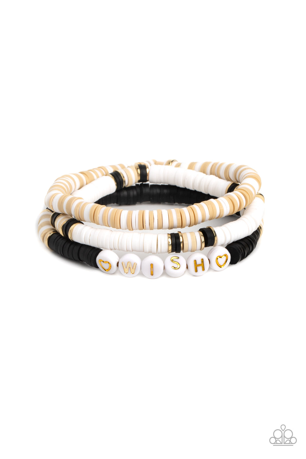 Matriarchal Melody Black Bracelet - Paparazzi Accessories  Varying in shades, tan, black, and white clay discs pair with shiny gold disc beads and accents creating layers across the wrist. Featured on one of the bracelets, white beads stamped with gold lettering spell out the word "wish," while gold heart silhouettes stamped in the same white beads frame the inspirational phrase for a wistful finish.  Sold as one set of three bracelets.  P9SE-BKXX-335XX
