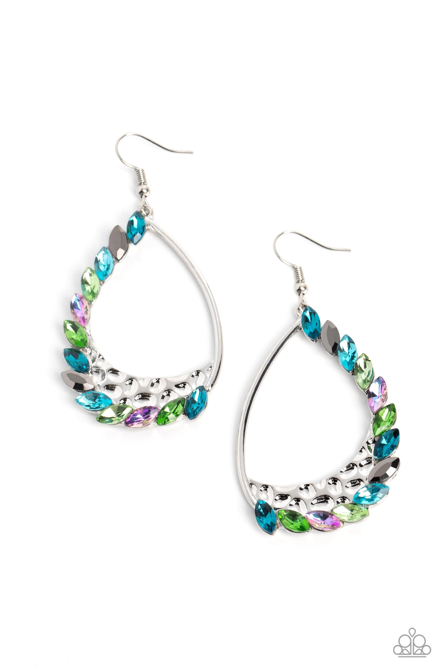 Looking Sharp Multi Earring - Paparazzi Accessories  A sharp collection of reflective blue, green, pink, light blue, light green, and hematite marquise-cut gems embellish and curve up one side of a gritty teardrop frame, creating an edgy embellishment. Creating additional grit to the design, a thick inlay of hammered silver with subtle texture curves just below the gems. Earring attaches to a standard fishhook fitting.  Sold as one pair of earrings.  P5ST-MTXX-058XX