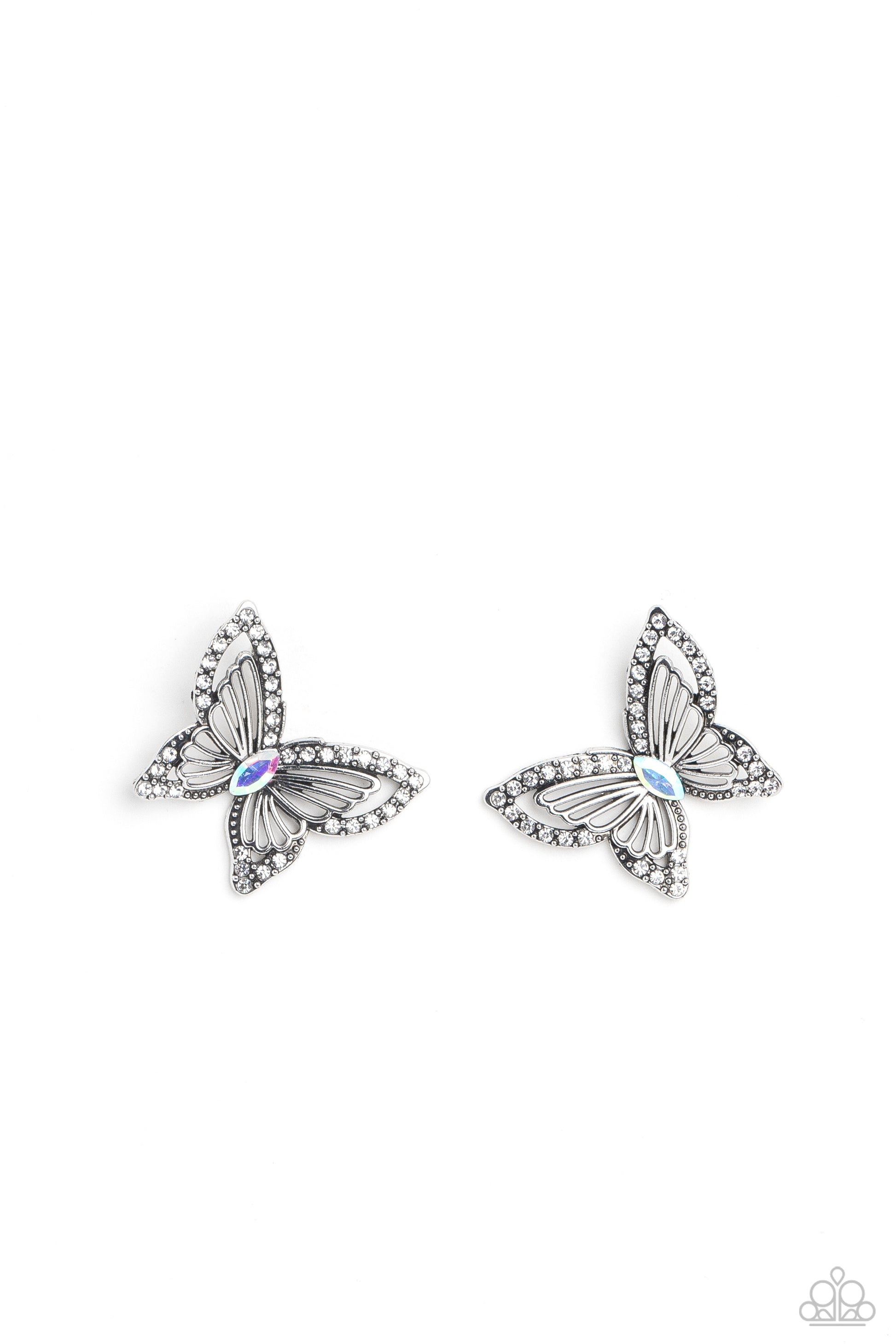Wispy Wings Multi Butterfly Post Earring - Paparazzi Accessories The outer wings of a white gem-studded butterfly feature inner lacy, airy silver wings that bloom from a marquise-cut iridescent gem center, coalescing into a whimsical 3D butterfly design. Earring attaches to a standard post fitting. Due to its prismatic palette, color may vary. Sold as one pair of post earrings. P5PO-MTXX-100XX