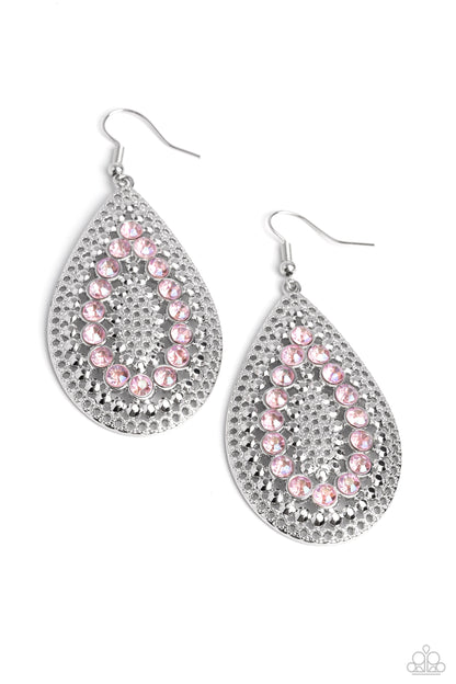 Spirited Socialite Pink Earring - Paparazzi Accessories  Set against an airy, dot motif backdrop, faceted pink rhinestones curve into a teardrop shape atop an oversized silver teardrop lure, creating a dazzling pop of color near the ear. Earring attaches to a standard fishhook fitting.  Sold as one pair of earrings.