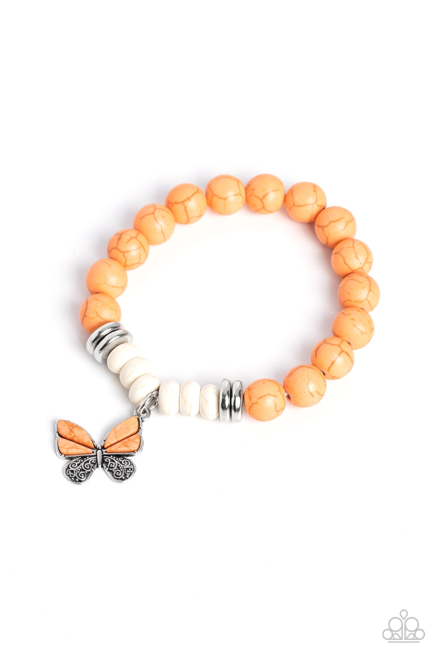 Bold Butterfly Orange Bracelet - Paparazzi Accessories  Polished orange and white stone beads are threaded along a stretchy band, with a sprinkle of metallic accents. A butterfly charm, featuring orange stone beads and swirls of silver filigree, swings from the design in a whimsical finish.  Sold as one individual bracelet.  P9SE-OGXX-203XX