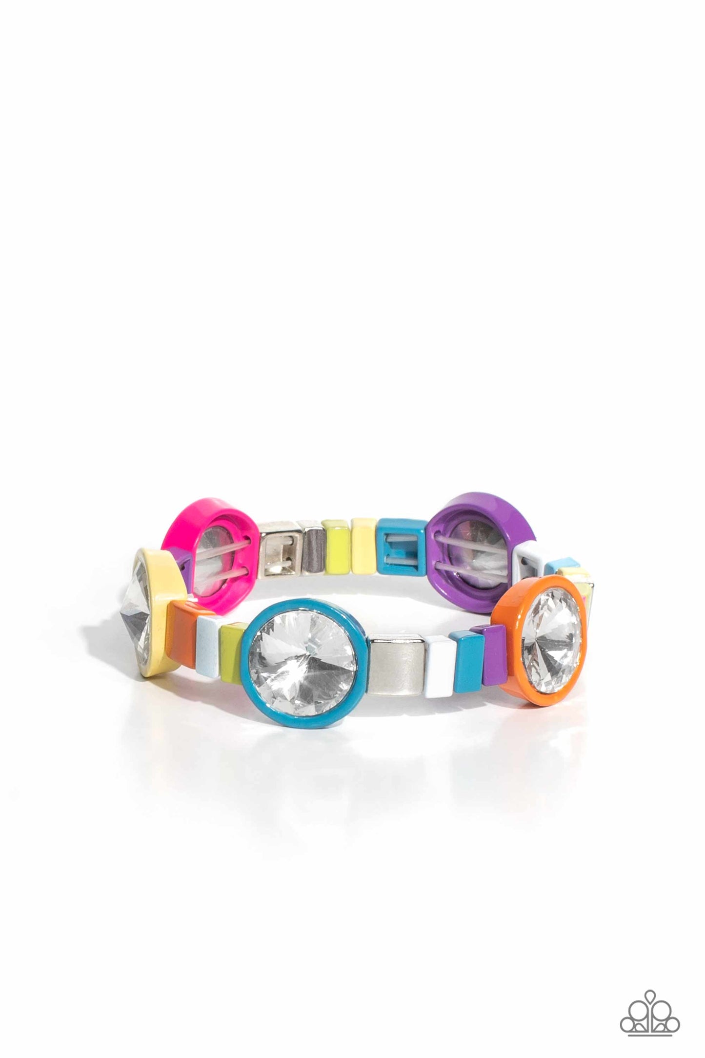Multicolored Madness Multi Bracelet - Paparazzi Accessories  Strung along elastic stretchy bands, a bodacious collection of silver accents, and varying metallic accents dipped in multicolored shades encircle the wrist. Sporadically infused between the colorful display, concaved circular frames in orange, yellow, purple, Pink Peacock, and blue shades feature faceted white gems that come to a point for a touch of sparkle.  Sold as one individual bracelet.  P9ST-MTXX-038XX