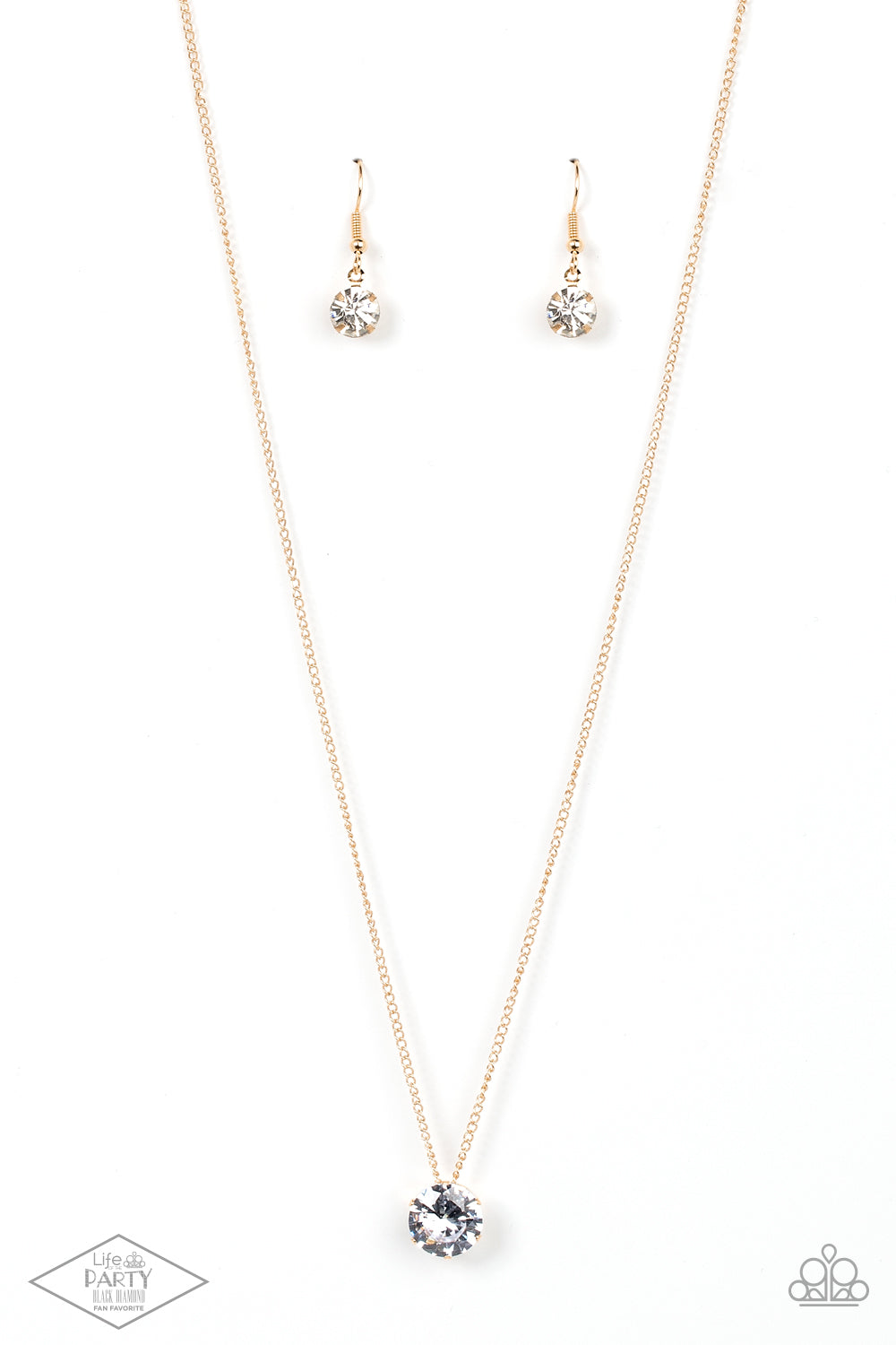 What A Gem Gold Necklace - Paparazzi Accessories  A single rhinestone sparkles brilliantly at the bottom of a dainty gold chain, creating a stunning solitaire design. Features an adjustable clasp closure.  Sold as one individual necklace. Includes one pair of matching earrings. This Fan Favorite is back in the spotlight at the request of our 2021 Life of the Party member with Black Diamond Access, Betsy M.
