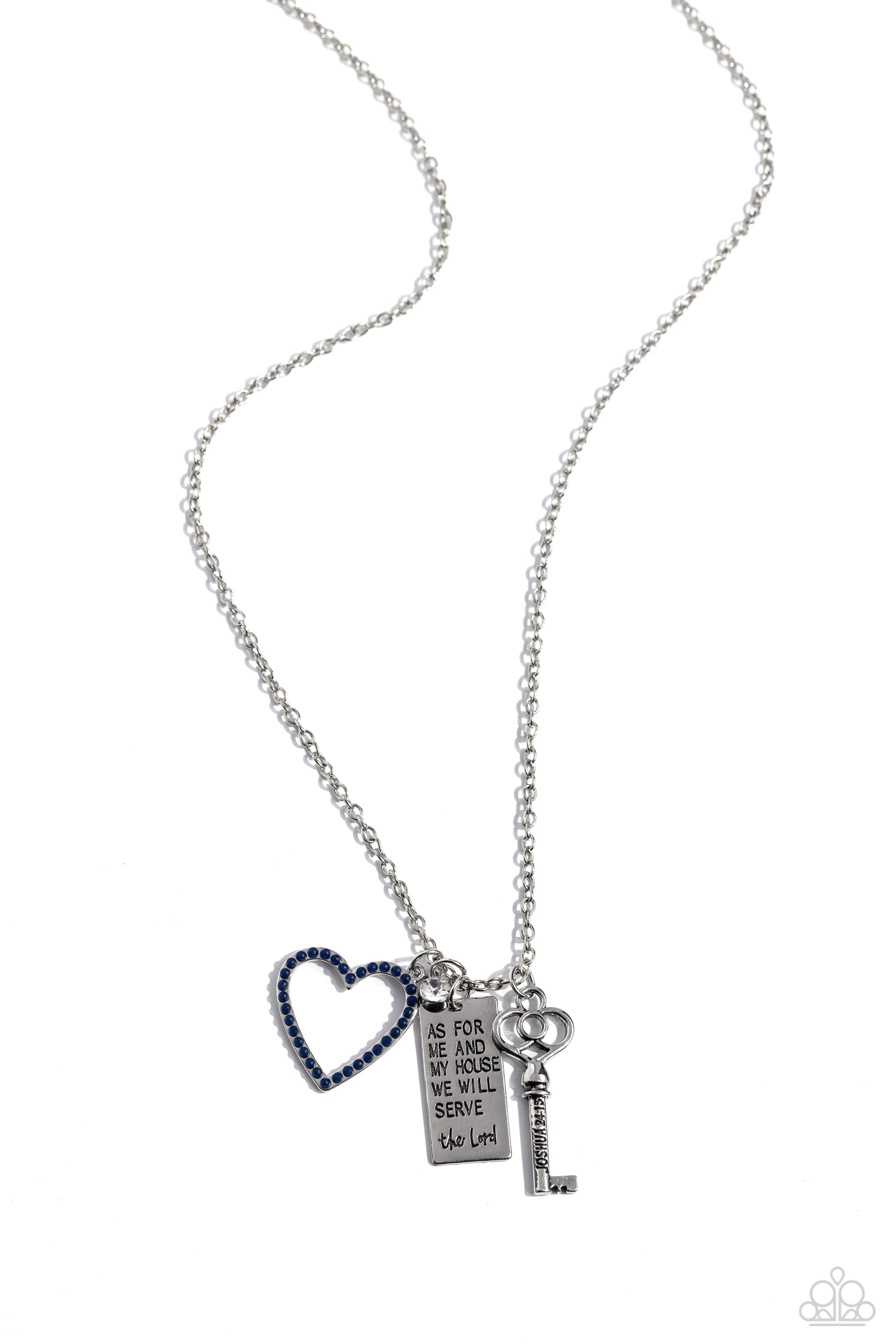 Indulgent Belief Blue Inspirational Necklace - Paparazzi Accessories  Dotted in dainty navy beads, an airy heart frame joins a silver rectangle stamped in the biblical passage, "As for me and my house we will serve the Lord," a dainty white gem, and an intricate silver key stamped in, "Joshua 24:15," along the bottom of a lengthened silver chain, creating an inspirational pendant. Features an adjustable clasp closure. Sku:  P2WD-BLXX-190XX