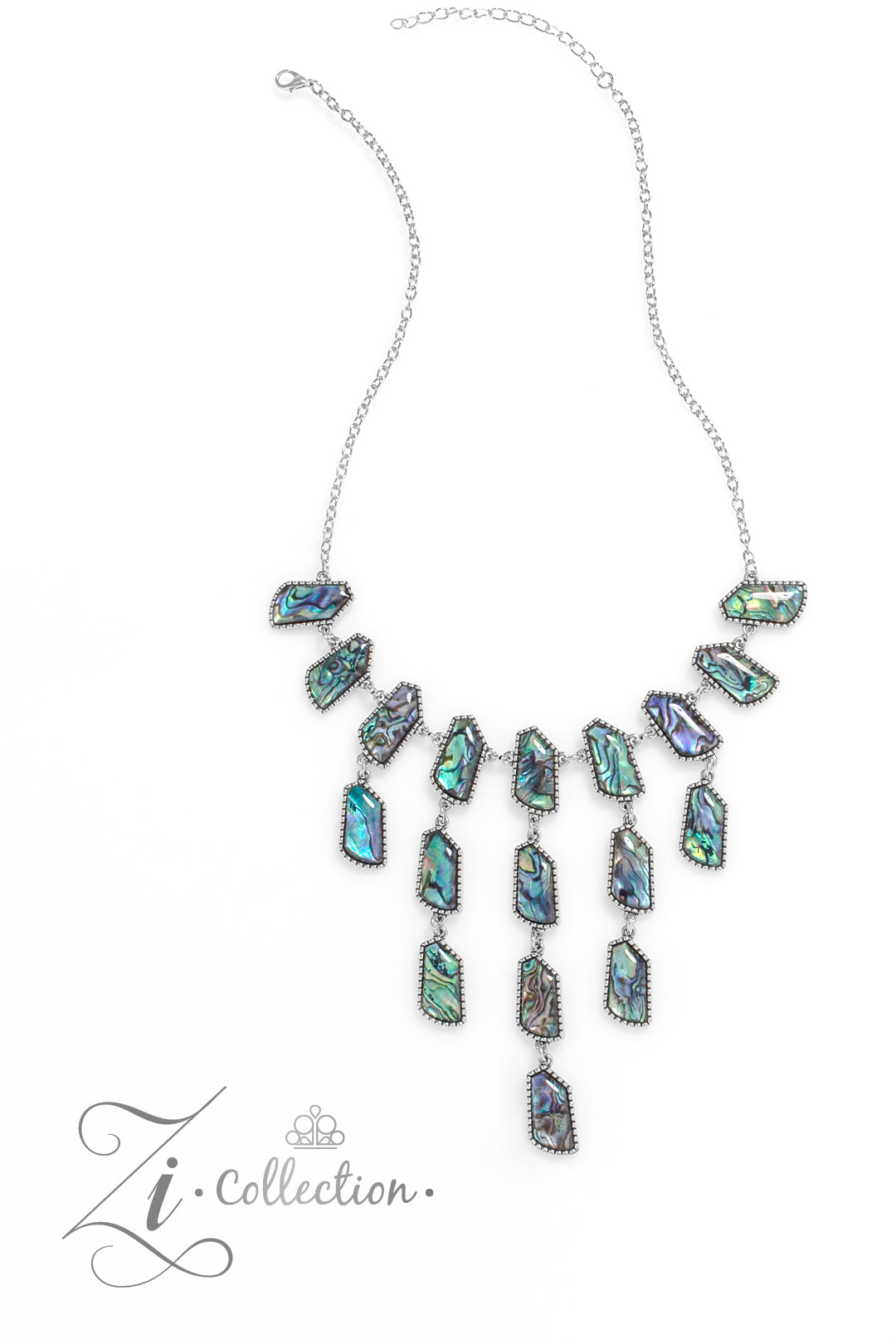 Reverie Multi 2023 Zi Collection Necklace - Paparazzi Accessories  Abalone shells swirled in dreamy, reflective hues of blue, purple, and green are cut into abstract geometric shapes and set into studded silver frames. Silver chain links connect a row of shells that bows along the neckline, anchoring a cascade of pearlescent tassels that taper into a shimmery fringe. Features an adjustable clasp closure. Due to its prismatic palette, color may vary.