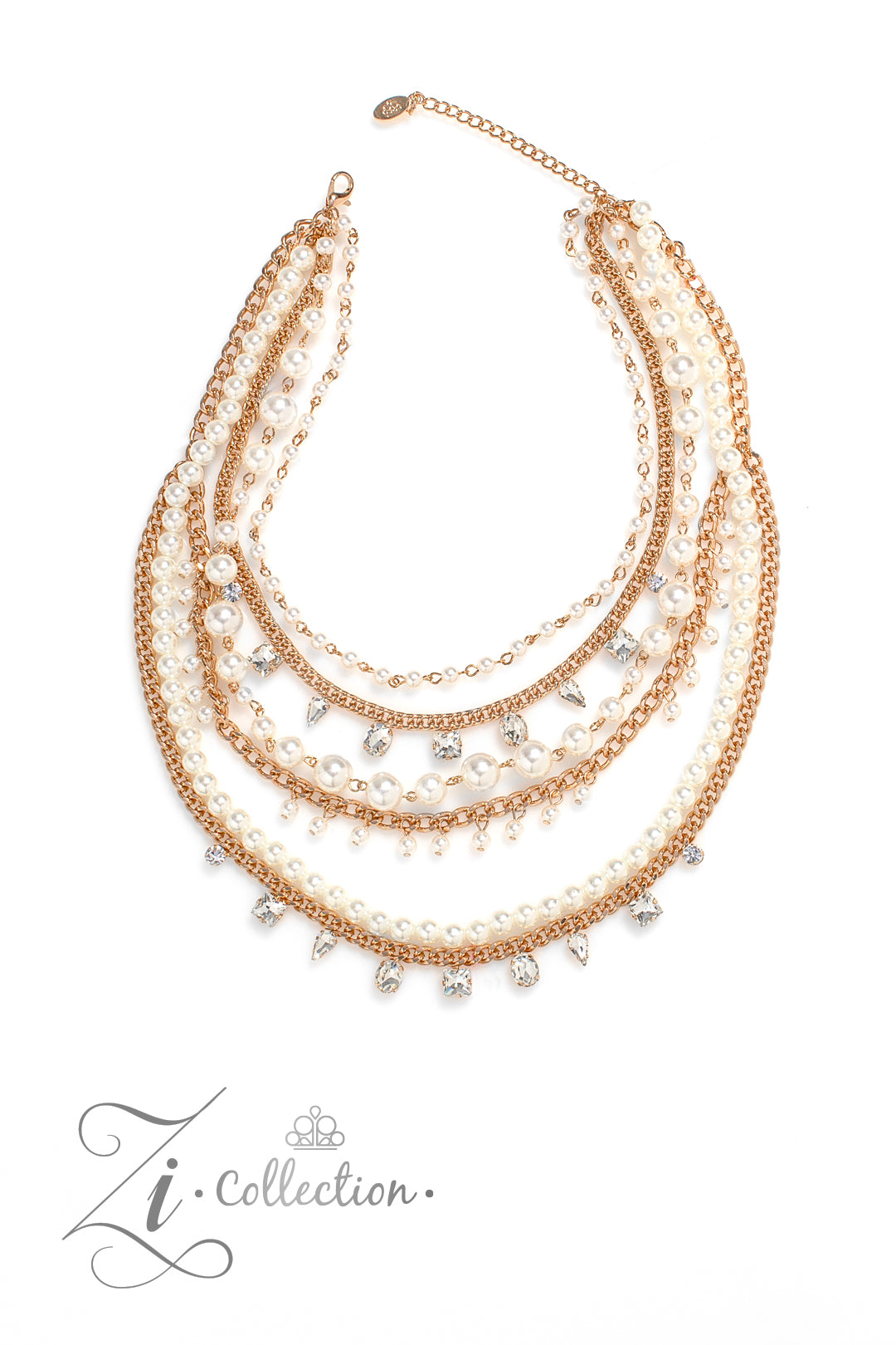 Aristocratic Gold 2023 Zi Collection Necklace - Paparazzi Accessories  A mismatched collection of gold chains is layered with strands of pearly white beads to create luminous layers with charismatic chaos. Faceted white gems in an assortment of shapes are sporadically sprinkled along sections of the gold chains, adding dramatic flashes of glitz among the mashup of textures. Features an adjustable clasp closure.
