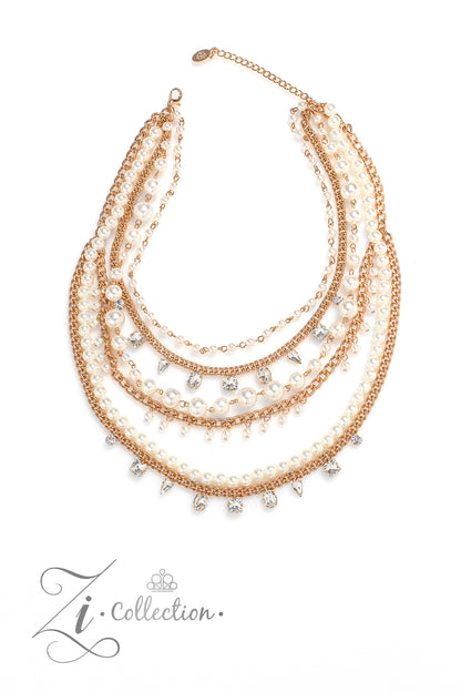 Aristocratic Gold 2023 Zi Collection Necklace - Paparazzi Accessories  A mismatched collection of gold chains is layered with strands of pearly white beads to create luminous layers with charismatic chaos. Faceted white gems in an assortment of shapes are sporadically sprinkled along sections of the gold chains, adding dramatic flashes of glitz among the mashup of textures. Features an adjustable clasp closure.