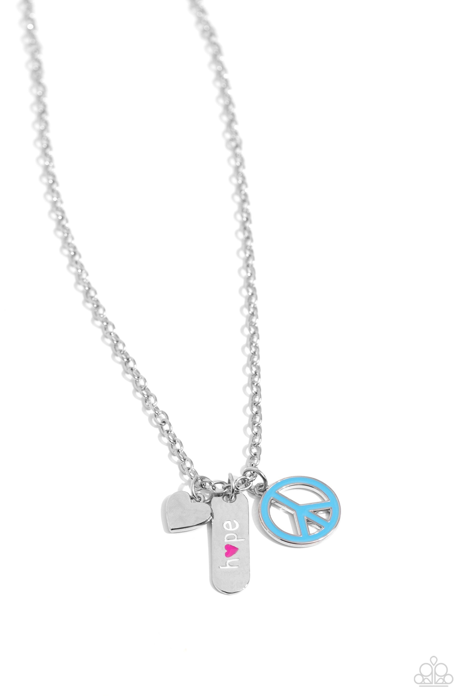 Hopeful Hallmark Multi Necklace - Paparazzi Accessories  A blue peace sign, silver heart, and a rounded silver plate stamped with the word "hope" with a Fuchsia Fedora heart replacing the "o" charm swings from the bottom of a silver chain, creating an inspirational pendant. Features an adjustable clasp closure.  Sold as one individual necklace. Includes one pair of matching earrings.  New Kit Sku:  P2WD-MTXX-104XX