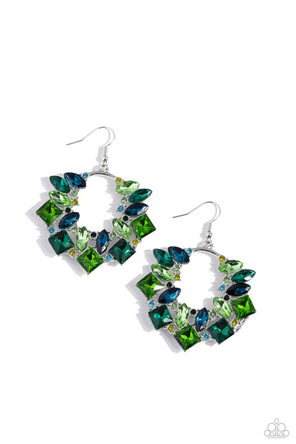 Wreathed in Watercolors Green Earring - Paparazzi Accessories  A glassy collection of various multicolored green and blue rhinestones explodes across the front of a silver wreath, resulting in a geometric, jaw-dropping dazzle. Earring attaches to a standard fishhook fitting.  Sold as one pair of earrings.  P5ST-GRXX-032XX
