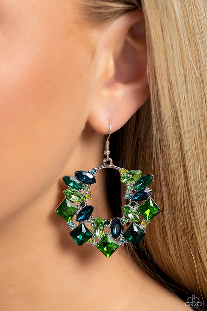 Wreathed in Watercolors Green Earring - Paparazzi Accessories  A glassy collection of various multicolored green and blue rhinestones explodes across the front of a silver wreath, resulting in a geometric, jaw-dropping dazzle. Earring attaches to a standard fishhook fitting.  Sold as one pair of earrings.  P5ST-GRXX-032XX
