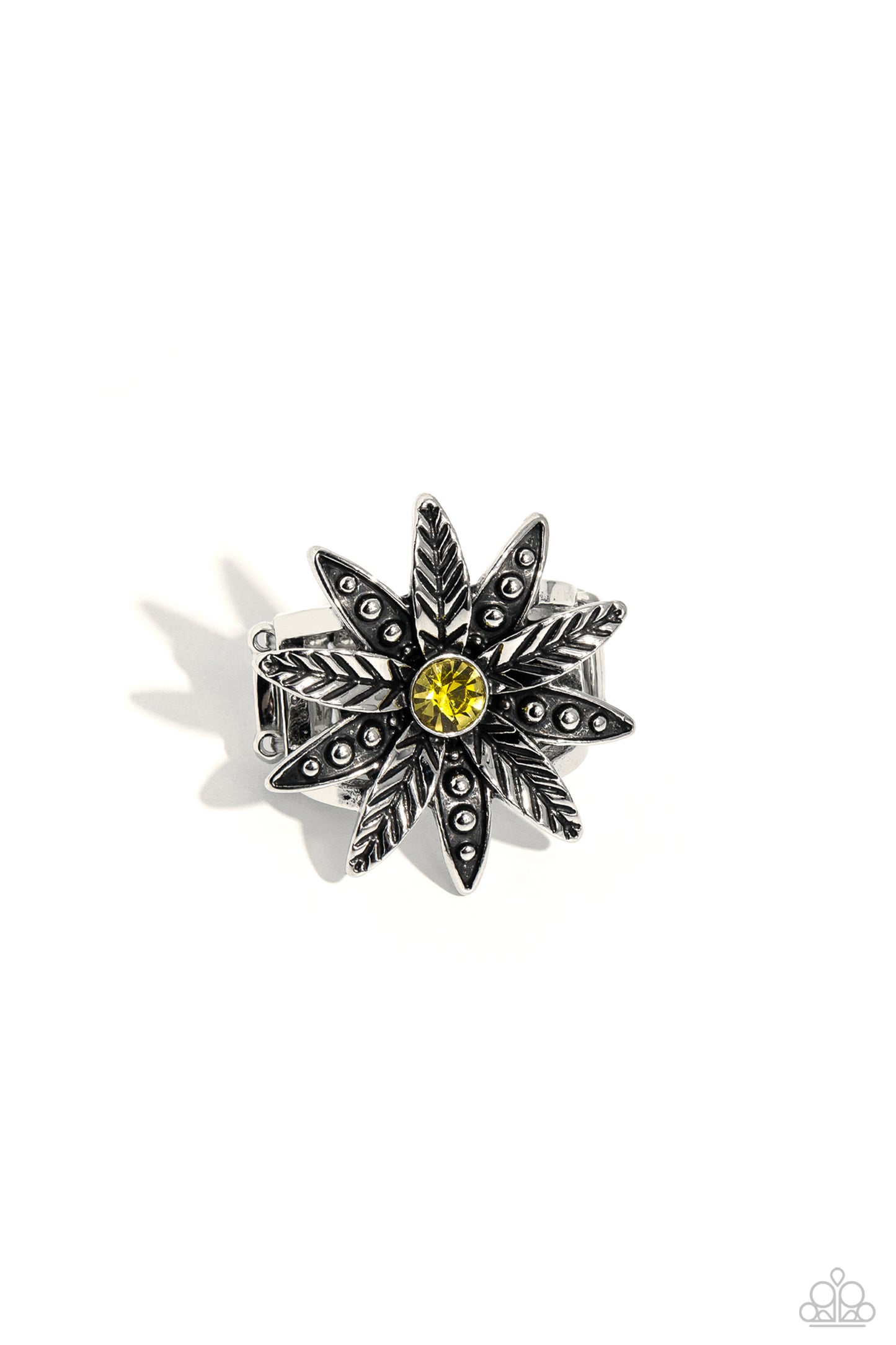 Sunflower Season Yellow Flower Ring - Paparazzi Accessories  Unfurling around a yellow gem center, textured and studded silver petals alternate atop airy silver bands on the finger for a whimsically botanical centerpiece. Features a stretchy band for a flexible fit.  Sold as one individual ring.  Sku:  P4WH-YWXX-157XX