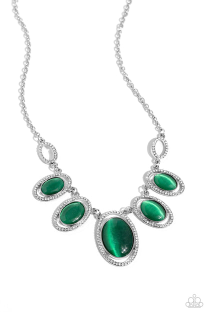 A BEAM Come True Green Necklace - Paparazzi Accessories  Featuring white rhinestone encrusted oval frames, a mesmerizing collection of glowing green cat's eye stones delicately link below the collar for an ethereal pop of color. Features an adjustable clasp closure.  Sold as one individual necklace. Includes one pair of matching earrings.  P2RE-GRXX-281XX