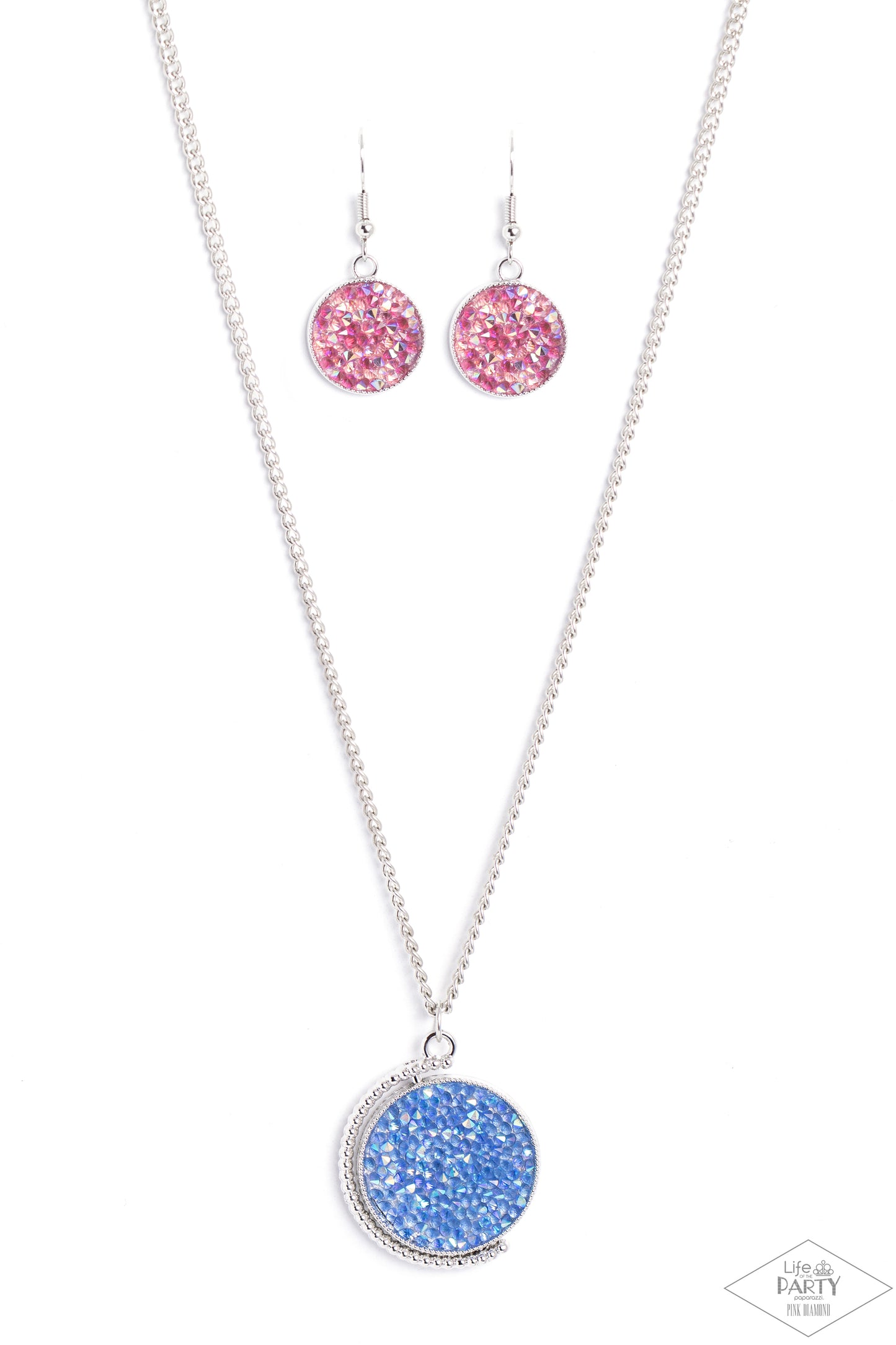 My Moon and Stars Multi Necklace - Paparazzi Accessories  A smoldering collision of blue iridescent and pink iridescent rhinestones are encrusted across the front and back of a textured silver disc below the collar. Threaded along a dainty rod, the glittery pendant effortlessly spins on its axis inside a silver studded half-circle frame. Features an adjustable clasp closure. Due to its prismatic palette, color may vary.