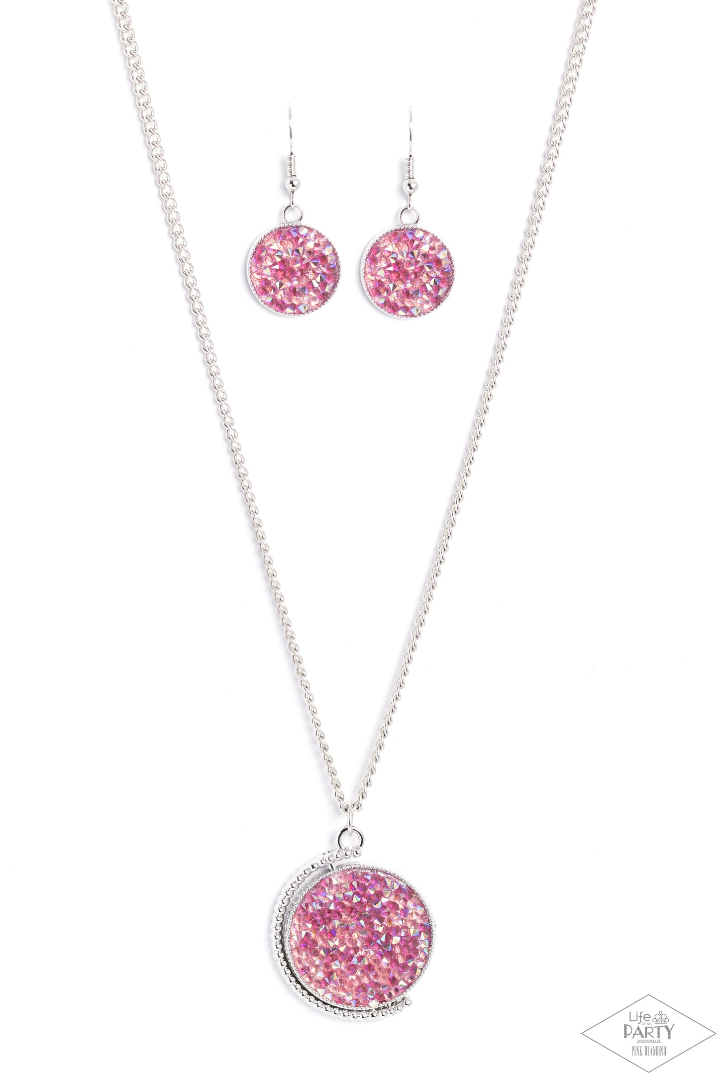 My Moon and Stars Multi Necklace - Paparazzi Accessories  A smoldering collision of blue iridescent and pink iridescent rhinestones are encrusted across the front and back of a textured silver disc below the collar. Threaded along a dainty rod, the glittery pendant effortlessly spins on its axis inside a silver studded half-circle frame. Features an adjustable clasp closure. Due to its prismatic palette, color may vary.