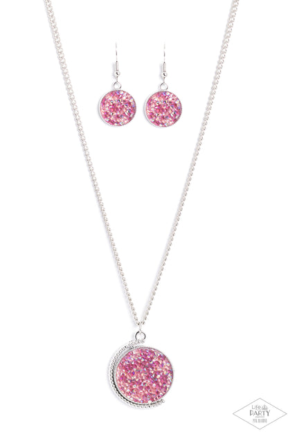My Moon and Stars Multi Necklace - Paparazzi Accessories  A smoldering collision of blue iridescent and pink iridescent rhinestones are encrusted across the front and back of a textured silver disc below the collar. Threaded along a dainty rod, the glittery pendant effortlessly spins on its axis inside a silver studded half-circle frame. Features an adjustable clasp closure. Due to its prismatic palette, color may vary.