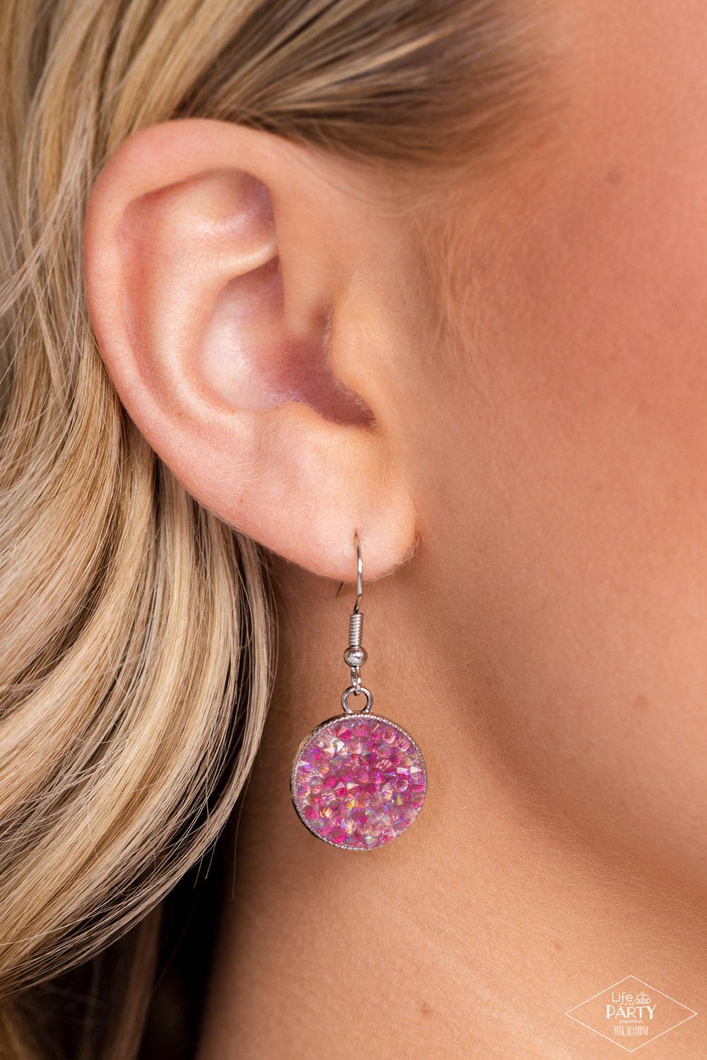 My Moon and Stars Multi Necklace - Paparazzi Accessories  A smoldering collision of blue iridescent and pink iridescent rhinestones are encrusted across the front and back of a textured silver disc below the collar. Threaded along a dainty rod, the glittery pendant effortlessly spins on its axis inside a silver studded half-circle frame. Features an adjustable clasp closure. Due to its prismatic palette, color may vary.