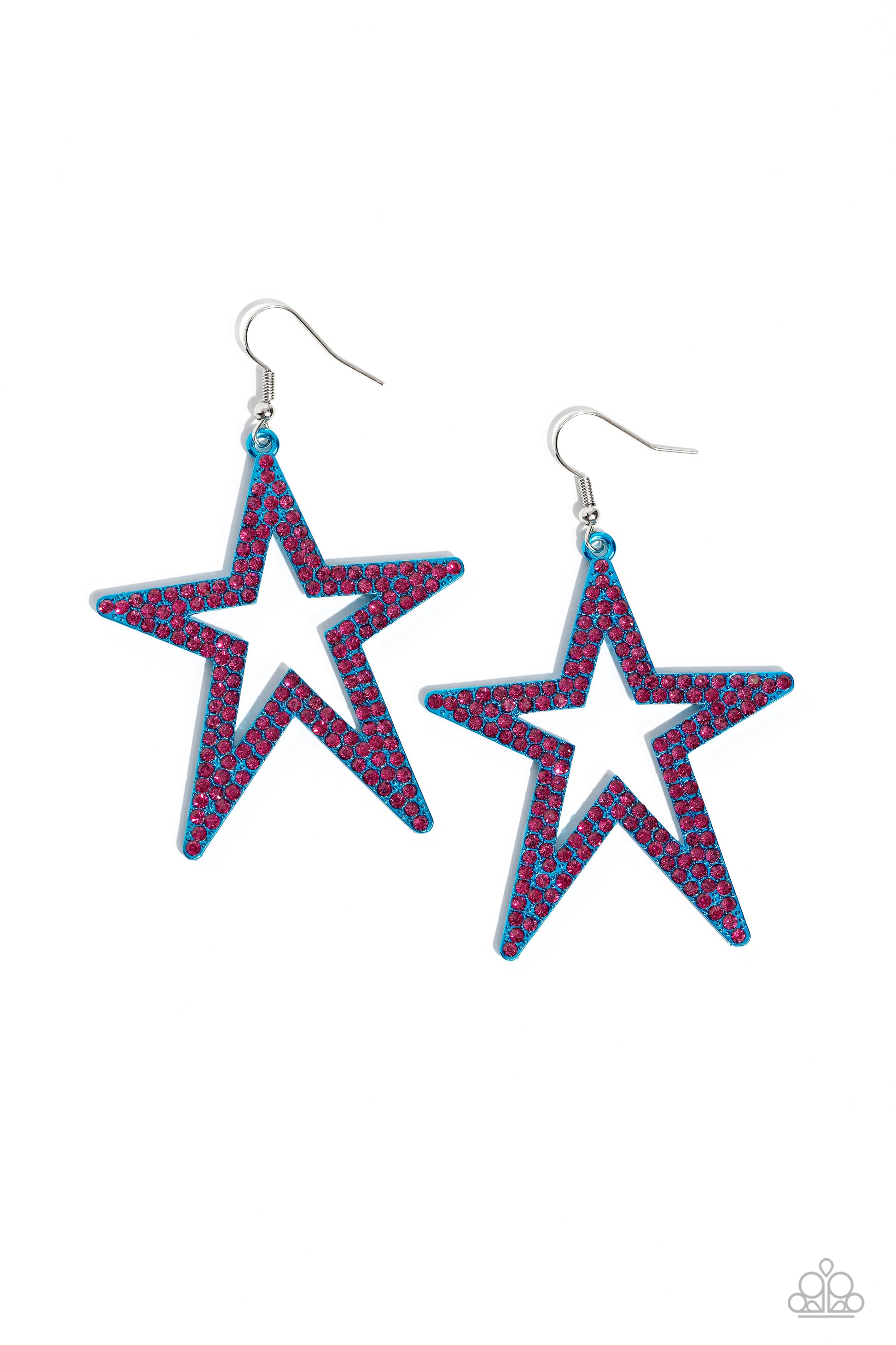 Rockstar Energy Blue Star Earring - Paparazzi Accessories  Double rows of fuchsia rhinestones adorn the front of an oversized blue metallic star silhouette, creating a stellar, sparkling centerpiece. Earring attaches to a standard fishhook fitting.  Sold as one pair of earrings.  P5ST-BLXX-048XX