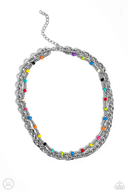 A Pop of Color Multi Necklace - Paparazzi Accessories  Layered beside a bold silver chain, dainty silver and multicolored beads are threaded along an invisible wire below the collar, resulting in a colorfully layered design. Features an adjustable clasp closure.  Sold as one individual choker necklace. Includes one pair of matching earrings.  P2CH-MTXX-038XX