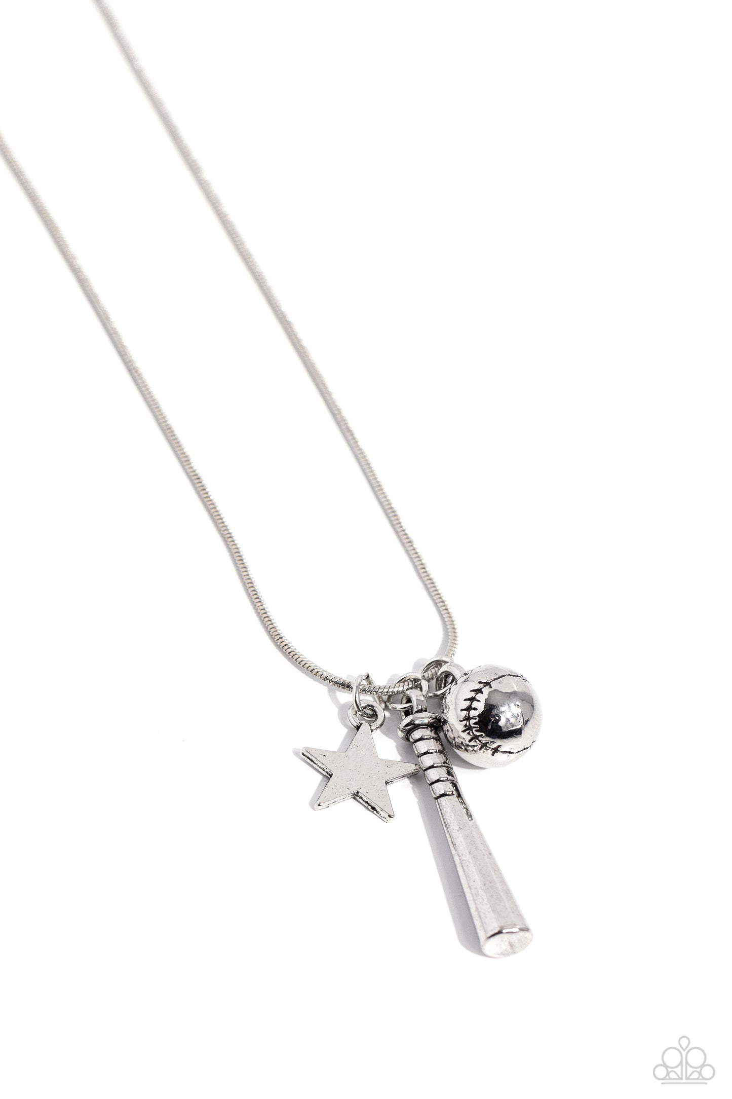 Hey Batter Batter! Silver Baseball Necklace - Paparazzi Accessories  An assortment of charms, including a star, baseball, and baseball bat, glide along a dainty silver snake chain, creating a simply sporty display below the collar. Features an adjustable clasp closure.  Sold as one individual necklace. Includes one pair of matching earrings.  P2WH-SVXX-377XX