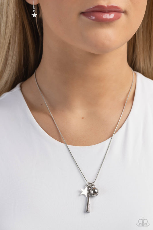 Hey Batter Batter! Silver Baseball Necklace - Paparazzi Accessories  An assortment of charms, including a star, baseball, and baseball bat, glide along a dainty silver snake chain, creating a simply sporty display below the collar. Features an adjustable clasp closure.  Sold as one individual necklace. Includes one pair of matching earrings.  P2WH-SVXX-377XX