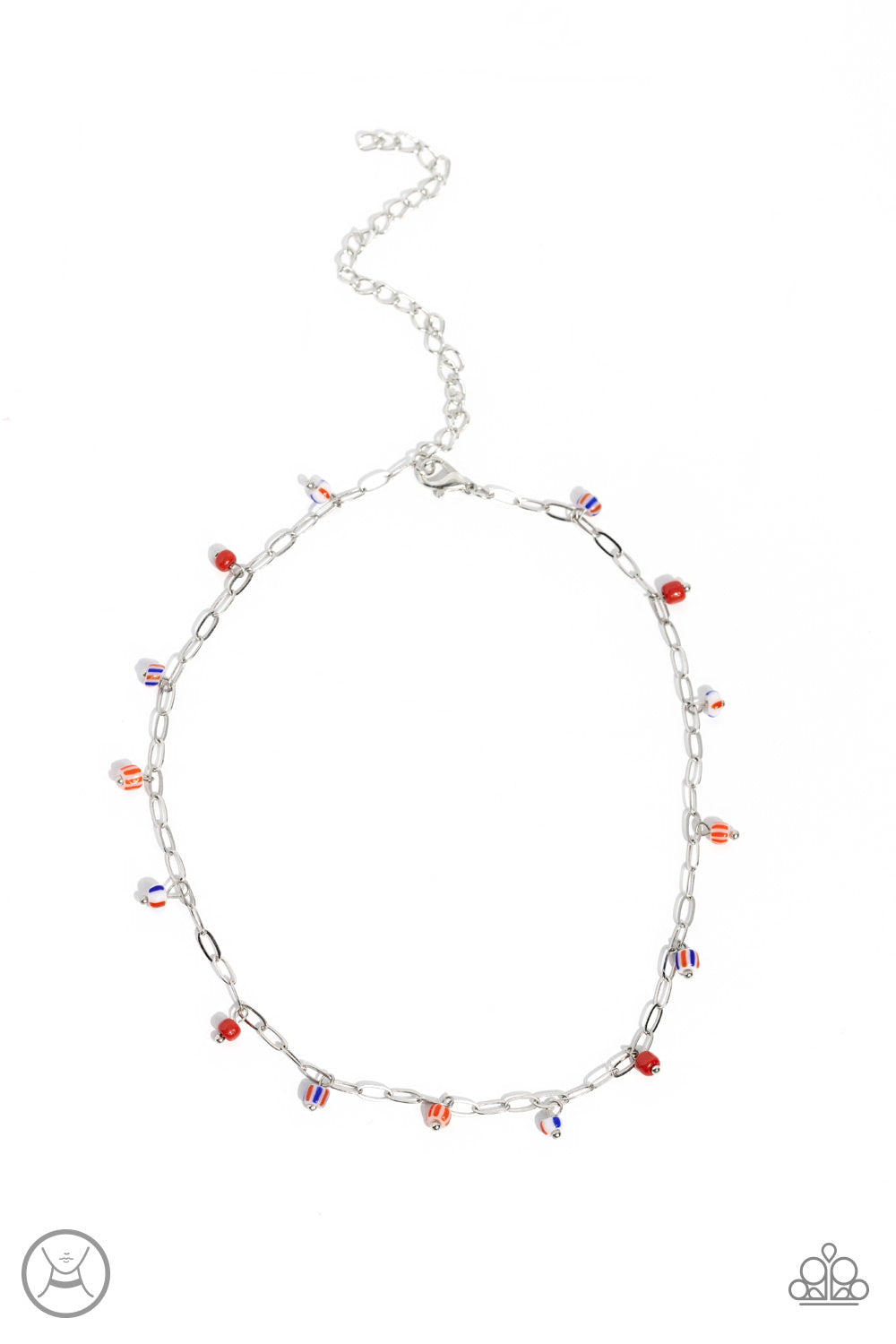 Beach Ball Bliss Red Choker Necklace - Paparazzi Accessories  Featuring multicolored spots, bright red seed beads dangle along a single dainty silver link chain for a beachy flair. Features an adjustable clasp closure.  Featured inside The Preview at Made for More!  Sold as one individual choker necklace. Includes one pair of matching earrings.  P2CH-RDXX-024XX