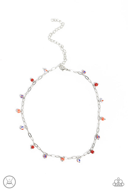 Beach Ball Bliss Red Choker Necklace - Paparazzi Accessories  Featuring multicolored spots, bright red seed beads dangle along a single dainty silver link chain for a beachy flair. Features an adjustable clasp closure.  Featured inside The Preview at Made for More!  Sold as one individual choker necklace. Includes one pair of matching earrings.  P2CH-RDXX-024XX