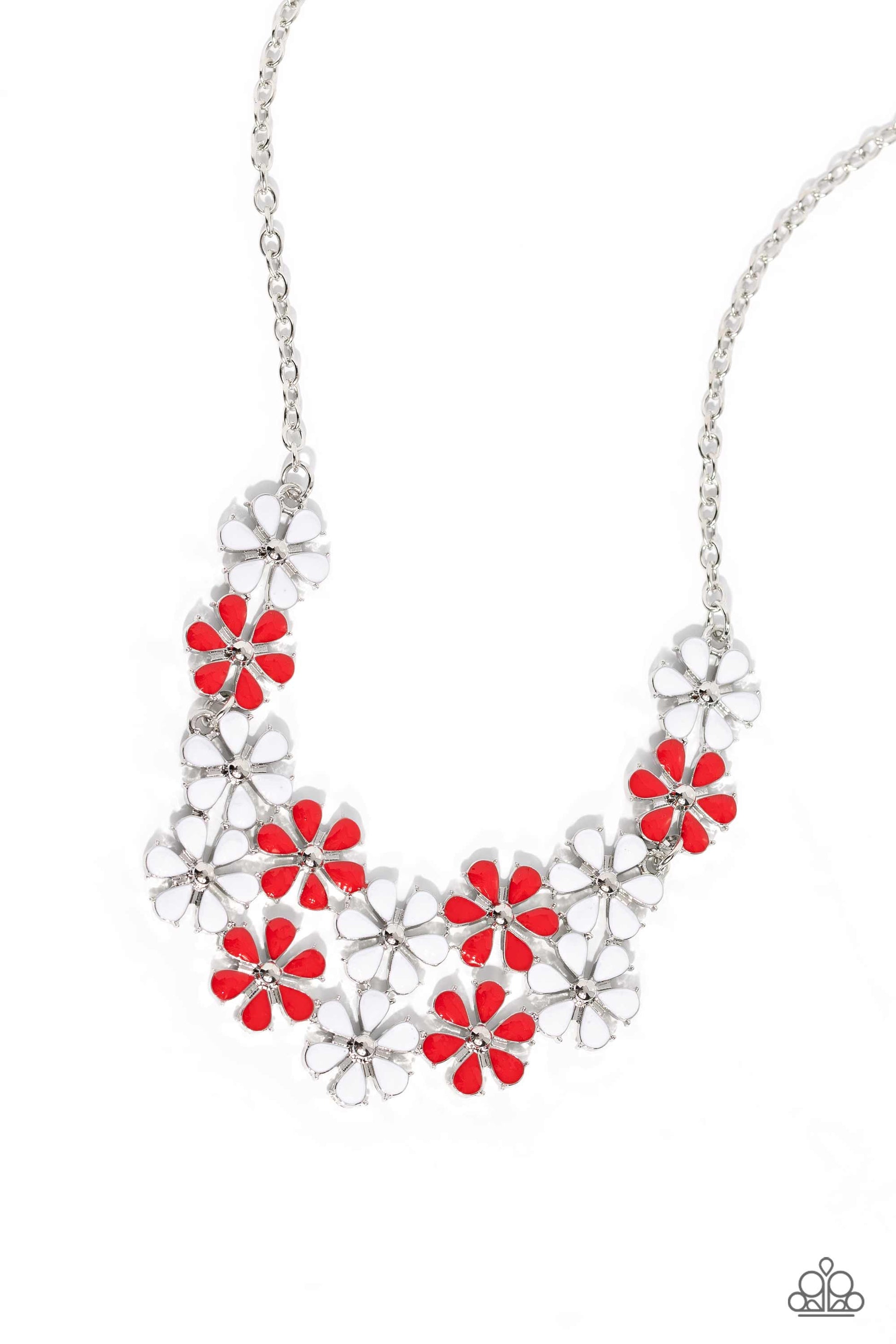 Floral Fever Red Necklace - Paparazzi Accessories  Painted in vivacious shades of red and white, a collection of silver studded flowers glide across the chest from a dainty silver chain for a whimsical array. Features an adjustable clasp closure.  Sold as one individual necklace. Includes one pair of matching earrings.  P2WH-RDXX-332PX