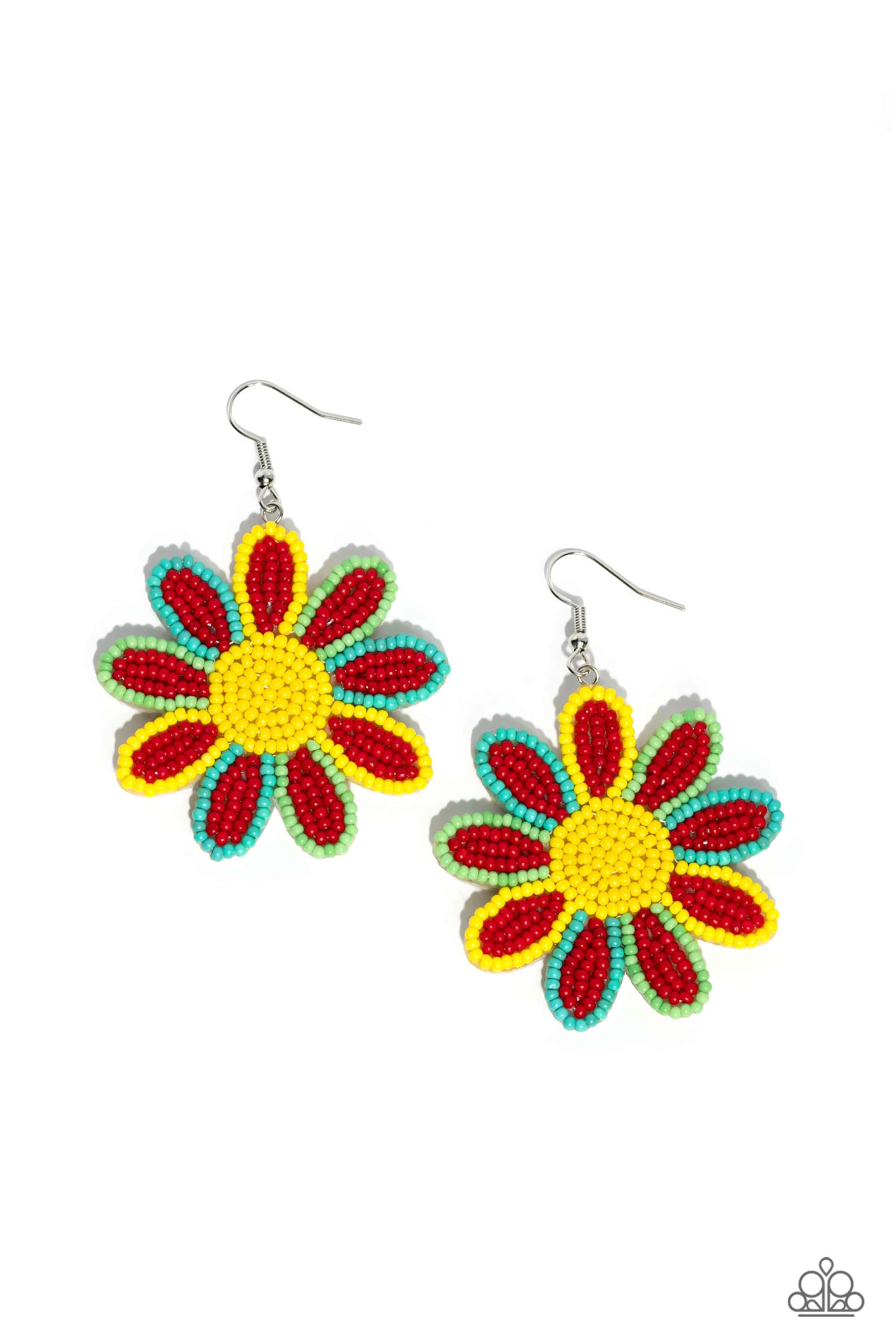 Decorated Daisies Red Flower Earring - Paparazzi Accessories  Layers of red seed bead petals, encased in seed bead frames of yellow, apple, and tiffany, fan out from a yellow seed bead center, blooming into a textured floral lure. Earring attaches to a standard fishhook fitting.  Sold as one pair of earrings.  P5ST-RDXX-022XX