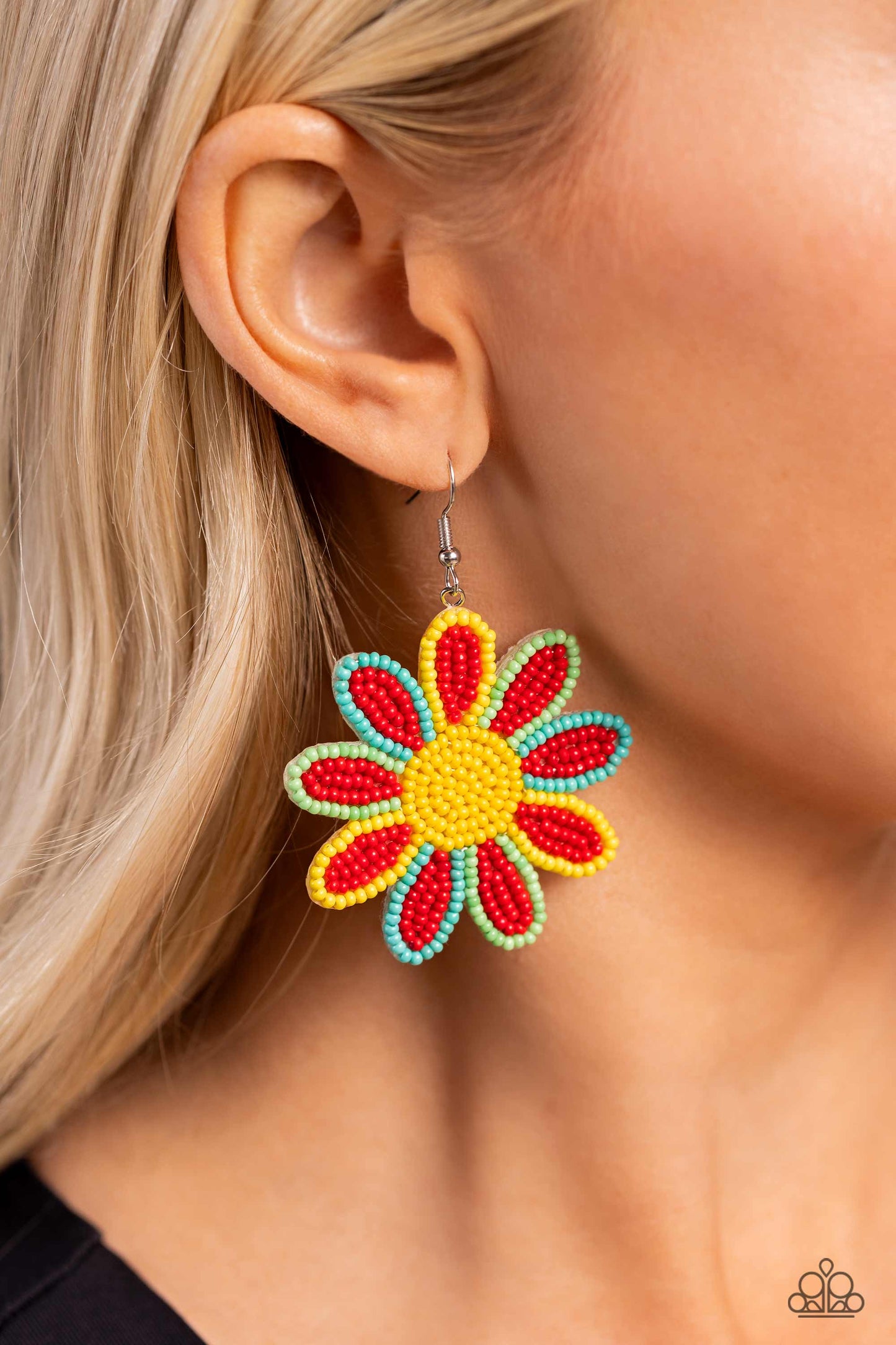 Decorated Daisies Red Flower Earring - Paparazzi Accessories  Layers of red seed bead petals, encased in seed bead frames of yellow, apple, and tiffany, fan out from a yellow seed bead center, blooming into a textured floral lure. Earring attaches to a standard fishhook fitting.  Sold as one pair of earrings.  P5ST-RDXX-022XX