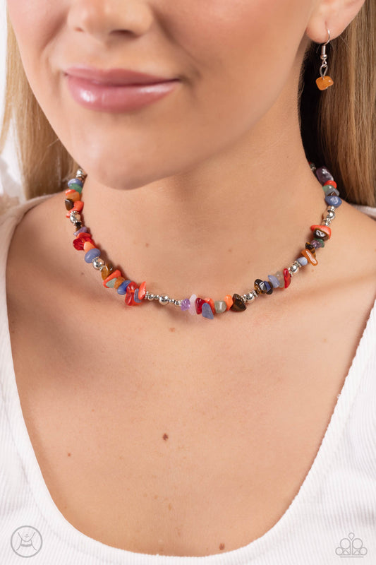 Carved Confidence Multi Necklace - Paparazzi Accessories  Infused along an invisible string, a chiseled collection of jade, amethyst, lapis, tiger's eye, and other colored stones and various silver beads wrap around the collar for an earthy pop of color. Features an adjustable clasp closure. As the stone elements in this piece are natural, some color variation is normal.  Sold as one individual choker necklace. Includes one pair of matching earrings.  P2CH-MTXX-040XX