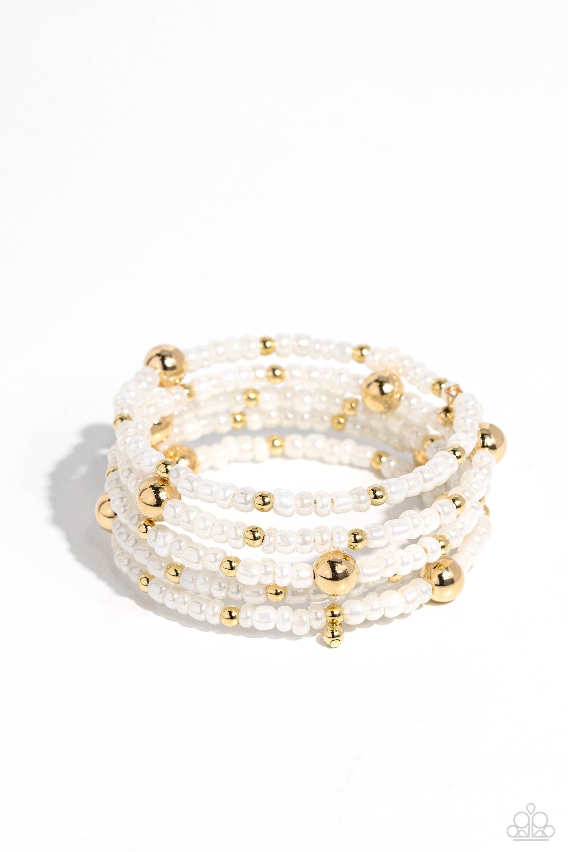 Refined Retrograde Gold Coil Bracelet - Paparazzi Accessories  Pearly white seed beads, and various-sized gold accents are threaded along a coiled wire, creating a refined infinity wrap-style bracelet around the wrist.  Sold as one individual bracelet.  P9RE-GDXX-401XX