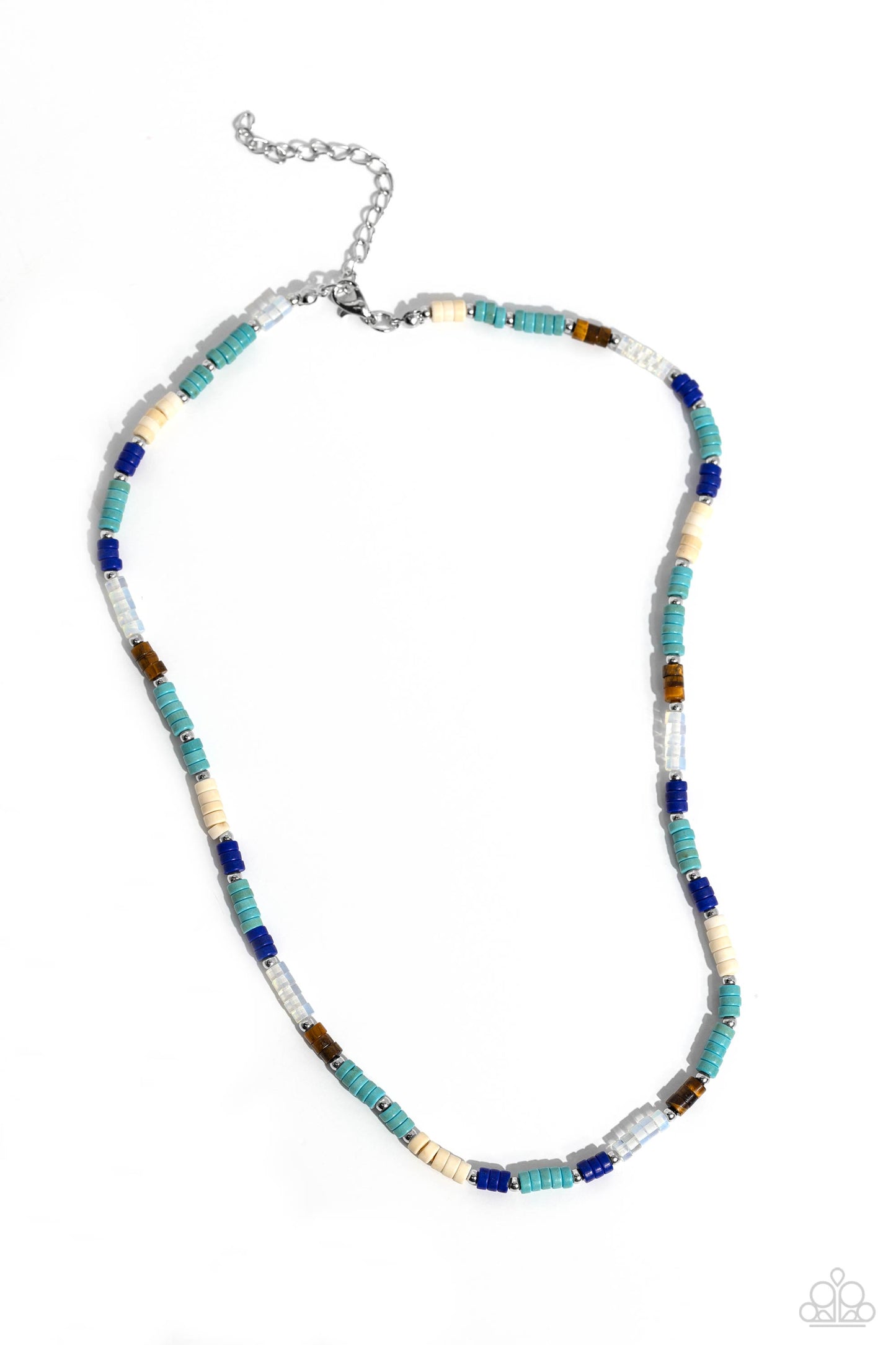 Oasis Outline Blue Necklace - Paparazzi Accessories  Infused with dainty silver accents, multicolored stone discs featuring a startling blue, are threaded along an invisible wire below the collar creating a natural pop of seasonal inspiration. Features an adjustable clasp closure. As the stone elements in this piece are natural, some color variation is normal.  Sold as one individual necklace. Includes one pair of matching earrings.  P2SE-URBL-069XX