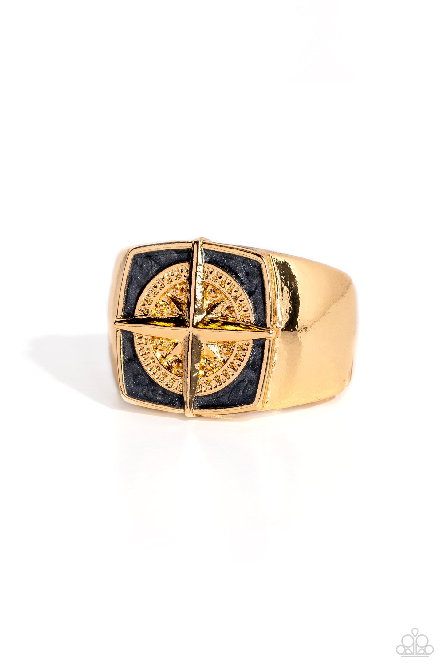 Adventure is Waiting Gold Unisex Ring - Paparazzi Accessories  Featuring a black pearl paint backdrop, a dynamic gold compass design is pressed into the center of a thick gold band for an adventurous flair. Features a stretchy band for a flexible fit.  Sold as one individual ring.  P4MN-URGD-032XX