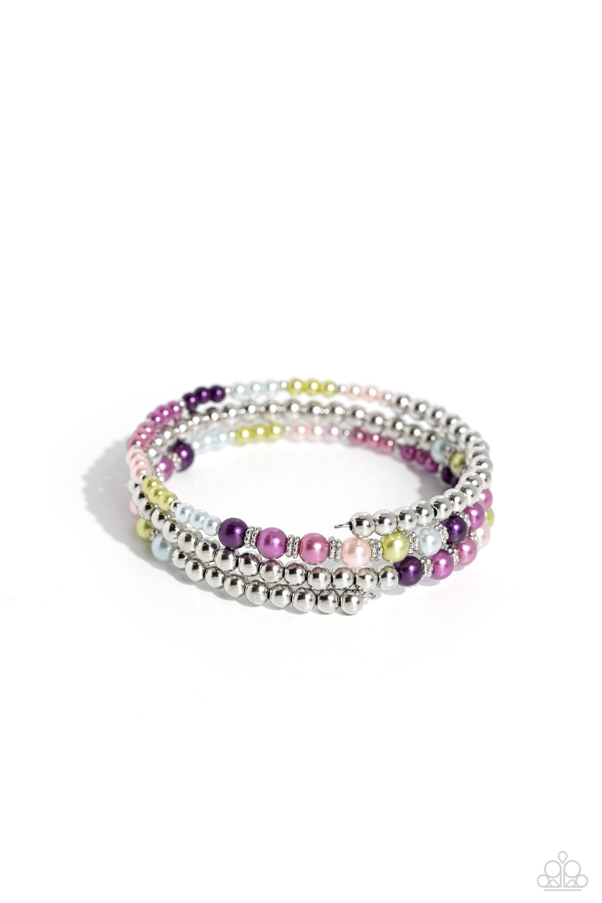 Just SASSING Through Multi Coil Infinity Wrap Bracelet - Paparazzi Accessories  A collection of bright multicolored pearls and shiny silver beads and accents are threaded along a wire that coils around the wrist, creating an eye-catching infinity wrap style bracelet.  Sold as one individual bracelet.  P9RE-MTXX-144QU  New Kit Get The Complete Look! Necklace: "SASS with Flying Colors - Multi" (Sold Separately)