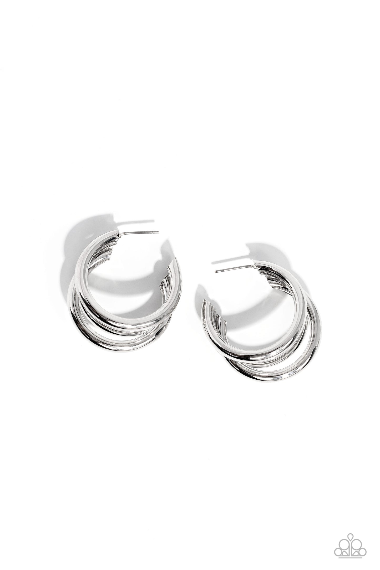 HOOP of the Day Silver Hoop Earring - Paparazzi Accessories  Three sleek silver bars delicately overlap into a bold hoop for a sleek, modern statement. Earring attaches to a standard post fitting. Hoop measures approximately 1 1/4" in diameter.  Sold as one pair of hoop earrings.  P5HO-SVXX-369XX