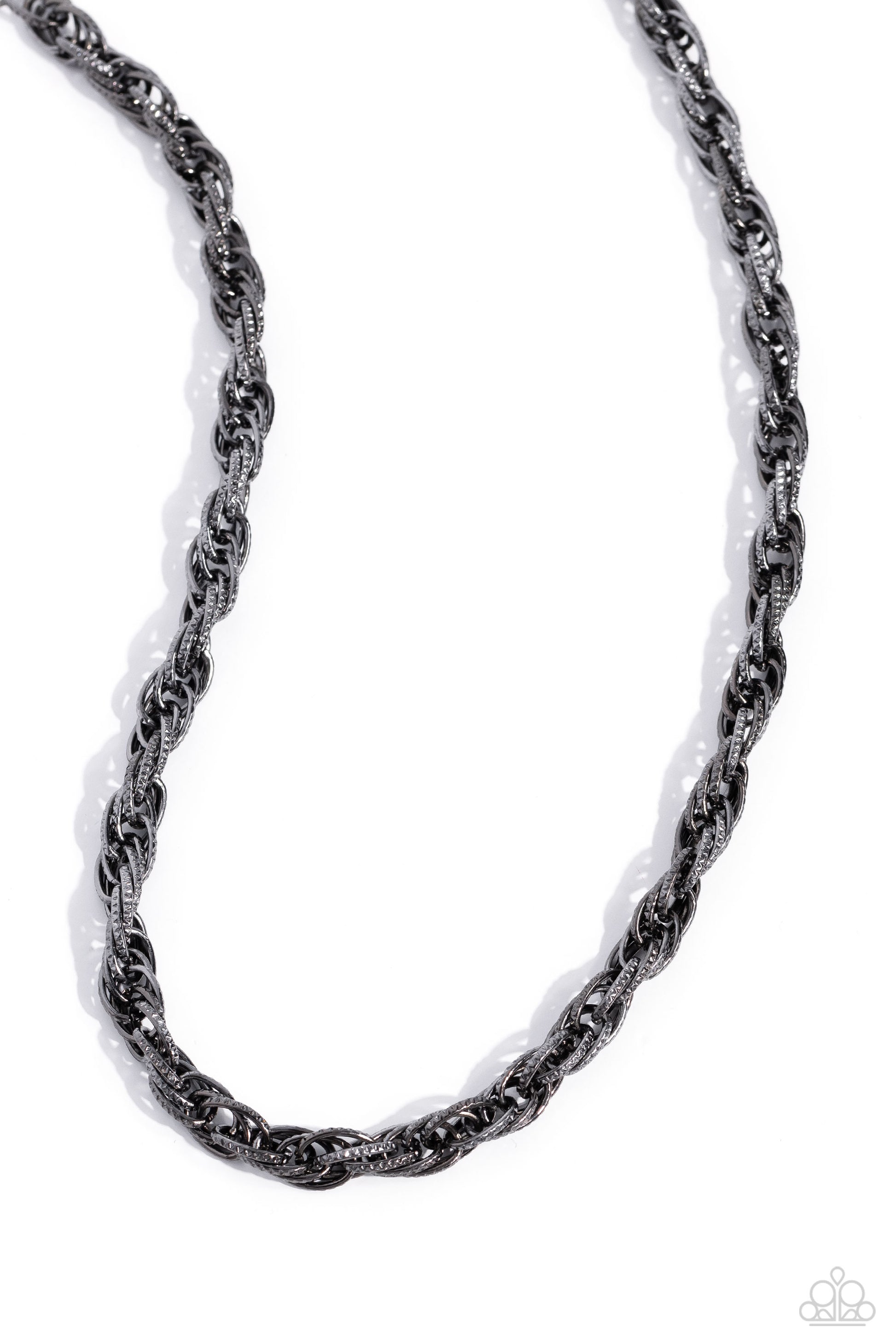 Braided Ballad Black Necklace - Paparazzi Accessories  Rings of gunmetal, each embroidered in tactile texture weave into an interconnected braided centerpiece for a monochromatic chic look. Features an adjustable clasp closure.  Sold as one individual necklace. Includes one pair of matching earrings.  P2ED-BKXX-199XX