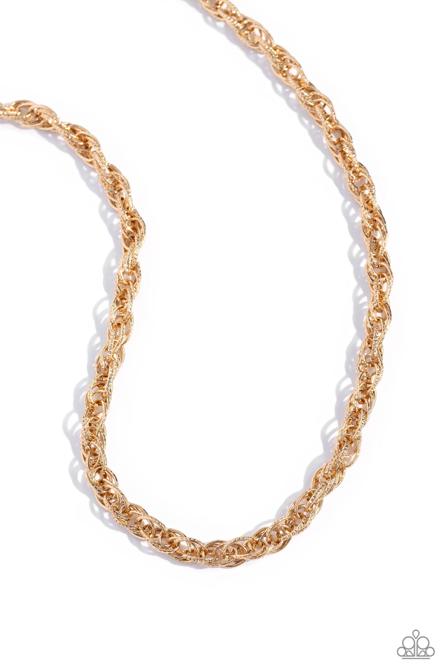 Braided Ballad Gold Rope Necklace - Paparazzi Accessories  Rings of gold, each embroidered in tactile texture weave into an interconnected braided centerpiece for a monochromatic chic look. Features an adjustable clasp closure.  Sold as one individual necklace. Includes one pair of matching earrings.  Sku:  P2ED-GDXX-159XX