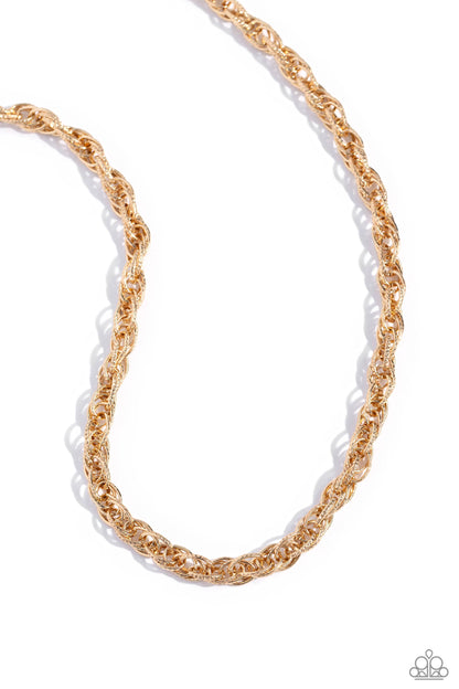 Braided Ballad Gold Rope Necklace - Paparazzi Accessories  Rings of gold, each embroidered in tactile texture weave into an interconnected braided centerpiece for a monochromatic chic look. Features an adjustable clasp closure.  Sold as one individual necklace. Includes one pair of matching earrings.  Sku:  P2ED-GDXX-159XX