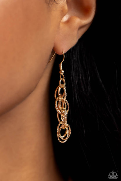 Braided Ballad Gold Rope Necklace - Paparazzi Accessories  Rings of gold, each embroidered in tactile texture weave into an interconnected braided centerpiece for a monochromatic chic look. Features an adjustable clasp closure.  Sold as one individual necklace. Includes one pair of matching earrings.  Sku:  P2ED-GDXX-159XX