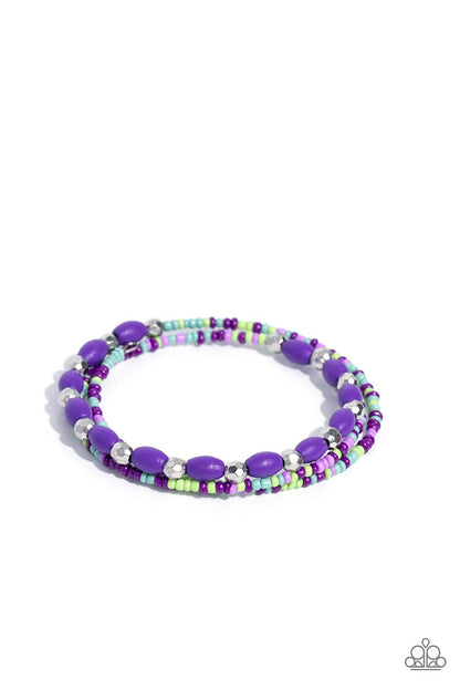 For WOOD Measure Purple Coil Infinity Wrap Bracelet - Paparazzi Accessories  A colorful collection of faceted silver beads, purple wood beads, and lavender, plum, Kohlrabi, and tiffany seed beads are threaded along a coiled wire around the wrist, creating an earthy infinity wrap bracelet.  Sold as one individual bracelet.  Sku:  P9DA-PRXX-075XX