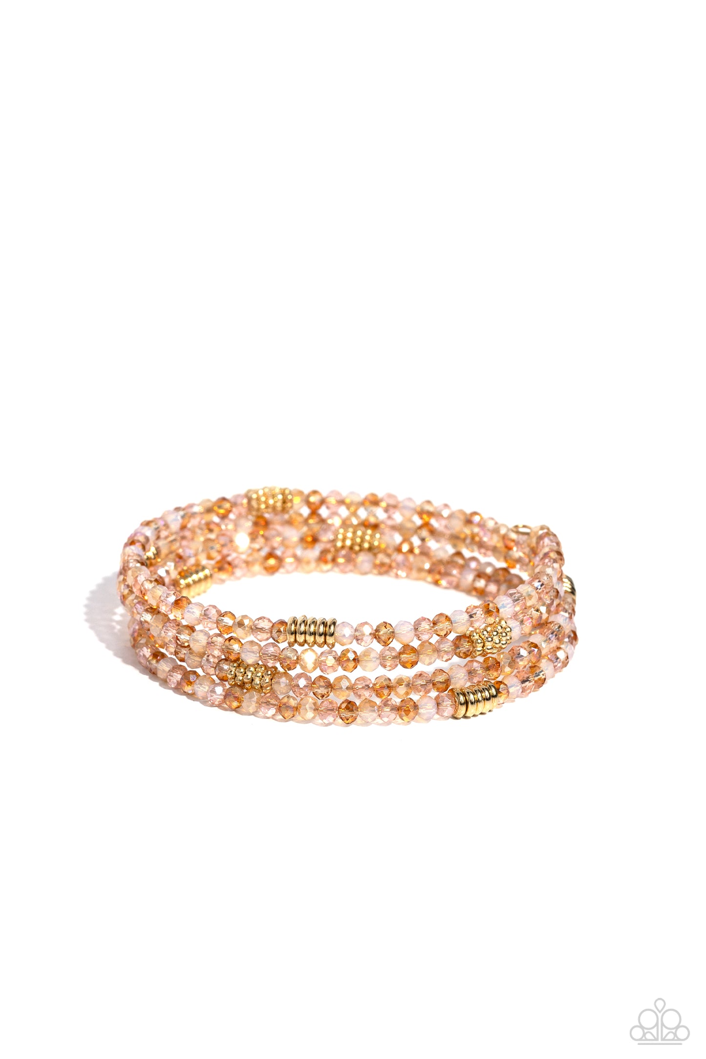 Dreamy Debut Gold Infinity Wrap Coil Bracelet - Paparazzi Accessories  Sections of clear, champagne, and gold beads are threaded along the wrist in an infinity wrap-style bracelet for a dreamy statement.  Sold as one individual bracelet.  P9RE-GDXX-402XX