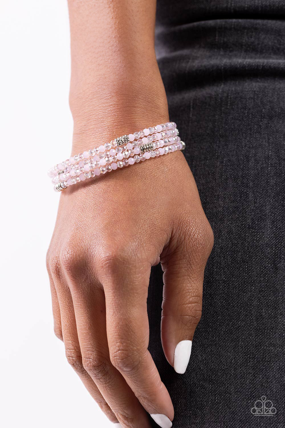 Dreamy Debut Pink Infinity Wrap Bracelet - Paparazzi Accessories  Sections of clear, silver, and cloudy pink beads are threaded along the wrist in an infinity wrap-style bracelet (coil bracelet) for a dreamy statement.  Sold as one individual bracelet.  P9RE-PKXX-315XX